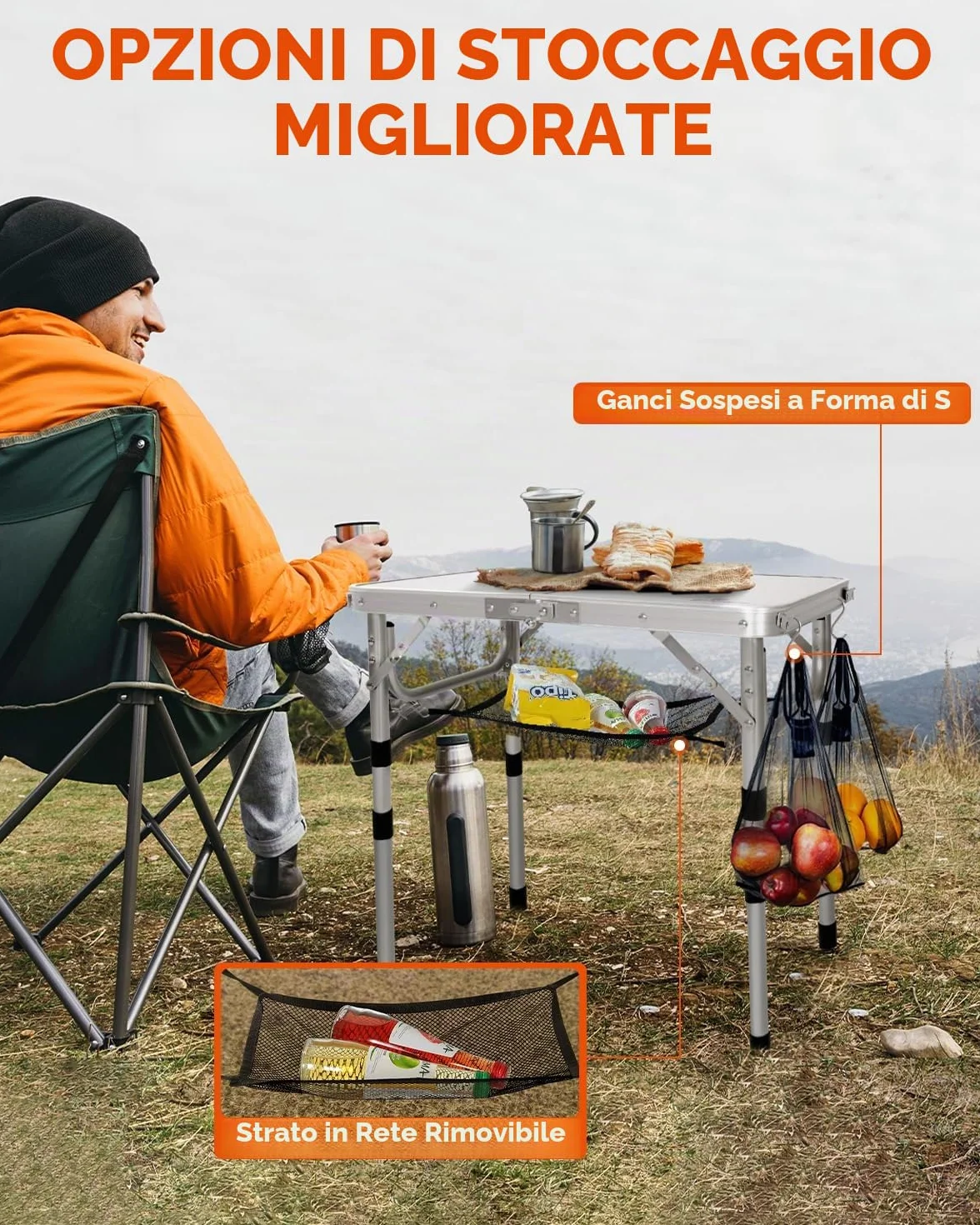Sportneer Pieghevole Tavolino da Campeggio 60×40 cm Regolabile in Altezza 4 Altezze Portatile Bianco