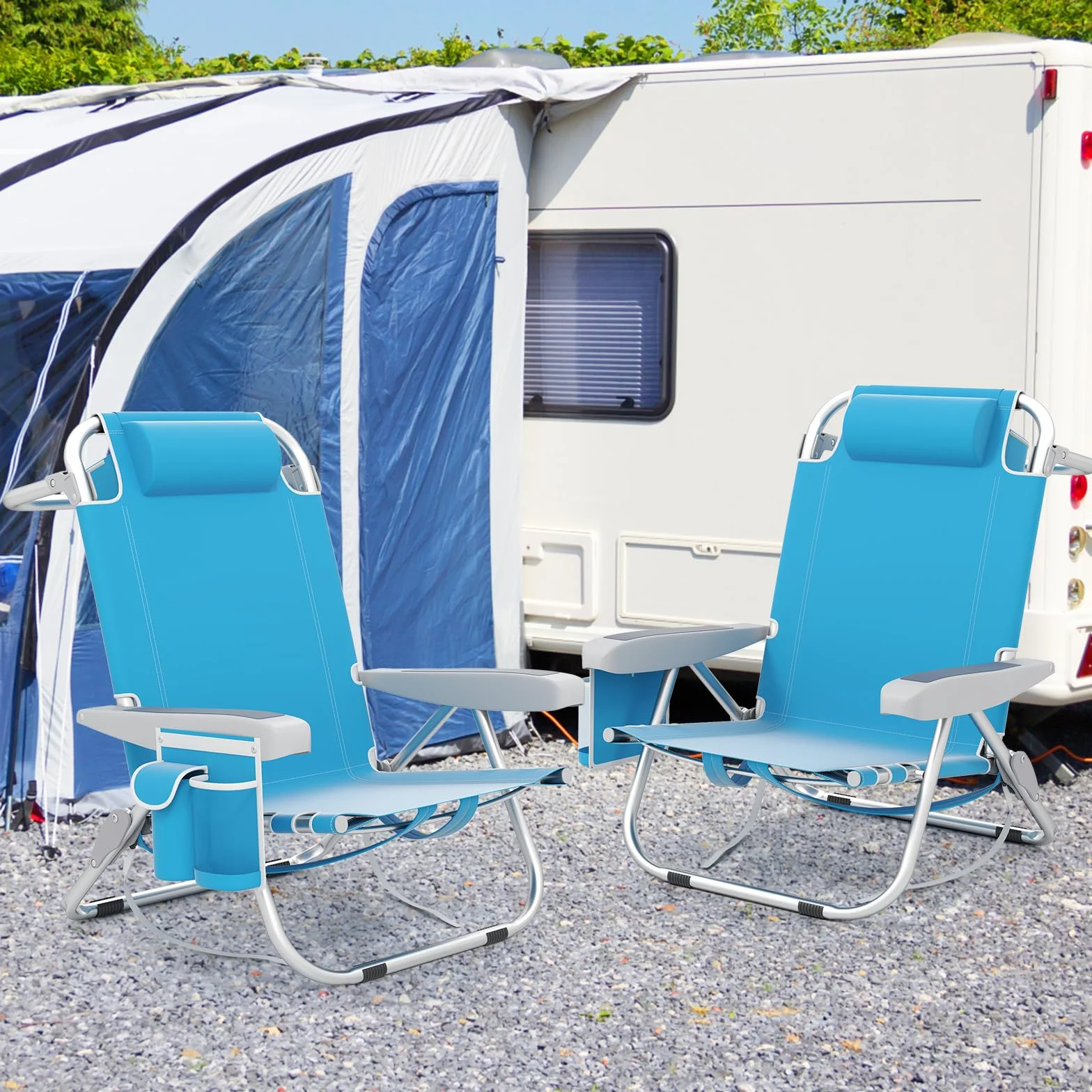 COSTWAY Set di 2 Sedie da Spiaggia Pieghevole a 5 Posizioni con Portabicchieri e Cuscino, Portata 150 kg Azzurro