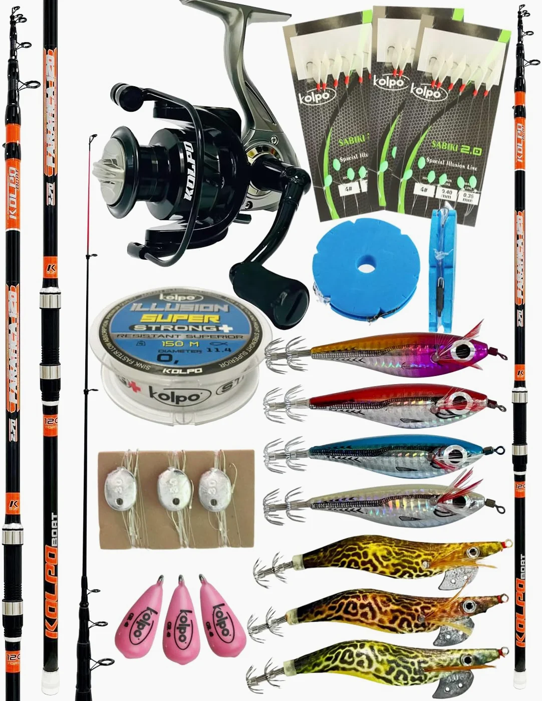 kolpo combo da pesca dalla barca PROFESSIONALE con canna telescopica + mulinello + filo + 3 lenze pronte sabiki + 3 piombi + 3 montature 3 ami + lenza professionale con ami + 7 totanare seppie totani