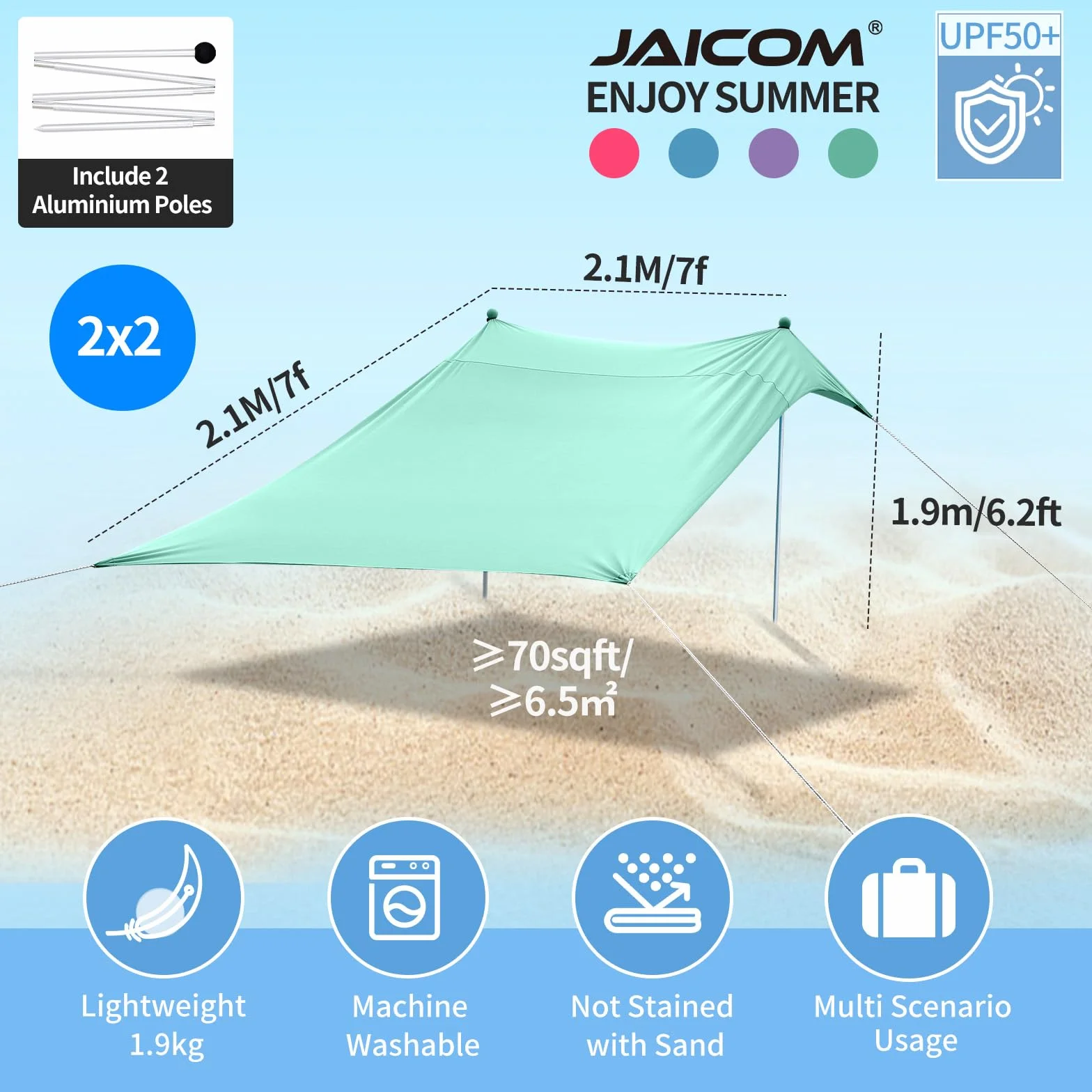 JAICOM Tenda da spiaggia, 2.1m x 2.1m Parasole Portatile, Protezione UV UPF 50+, Adatto per l'ombra in Spiaggia, il Campeggio, la Pesca e il Patio