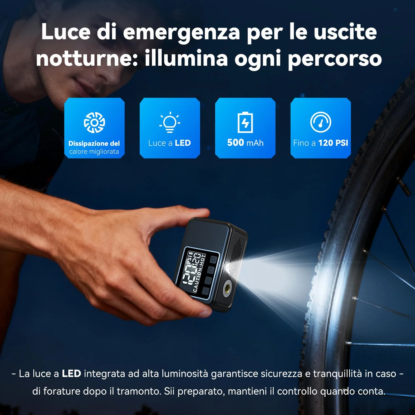 Mini Pompa Elettrica Bici Silenziosa 120 Psi Gonfiaggio Rapido 50s Compatibile Valvole Presta Schrader