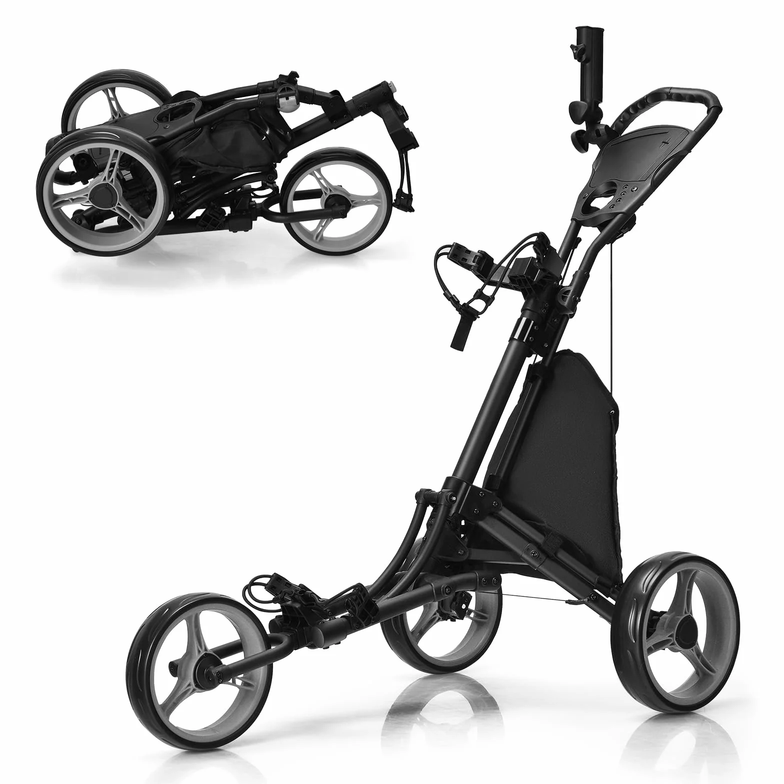 COSTWAY Pieghevole Carrello da Golf 3 Ruote Alluminio Cinghia Elastica Portaombrello Porta Bicchiere Segnapunti Freno a Pedale