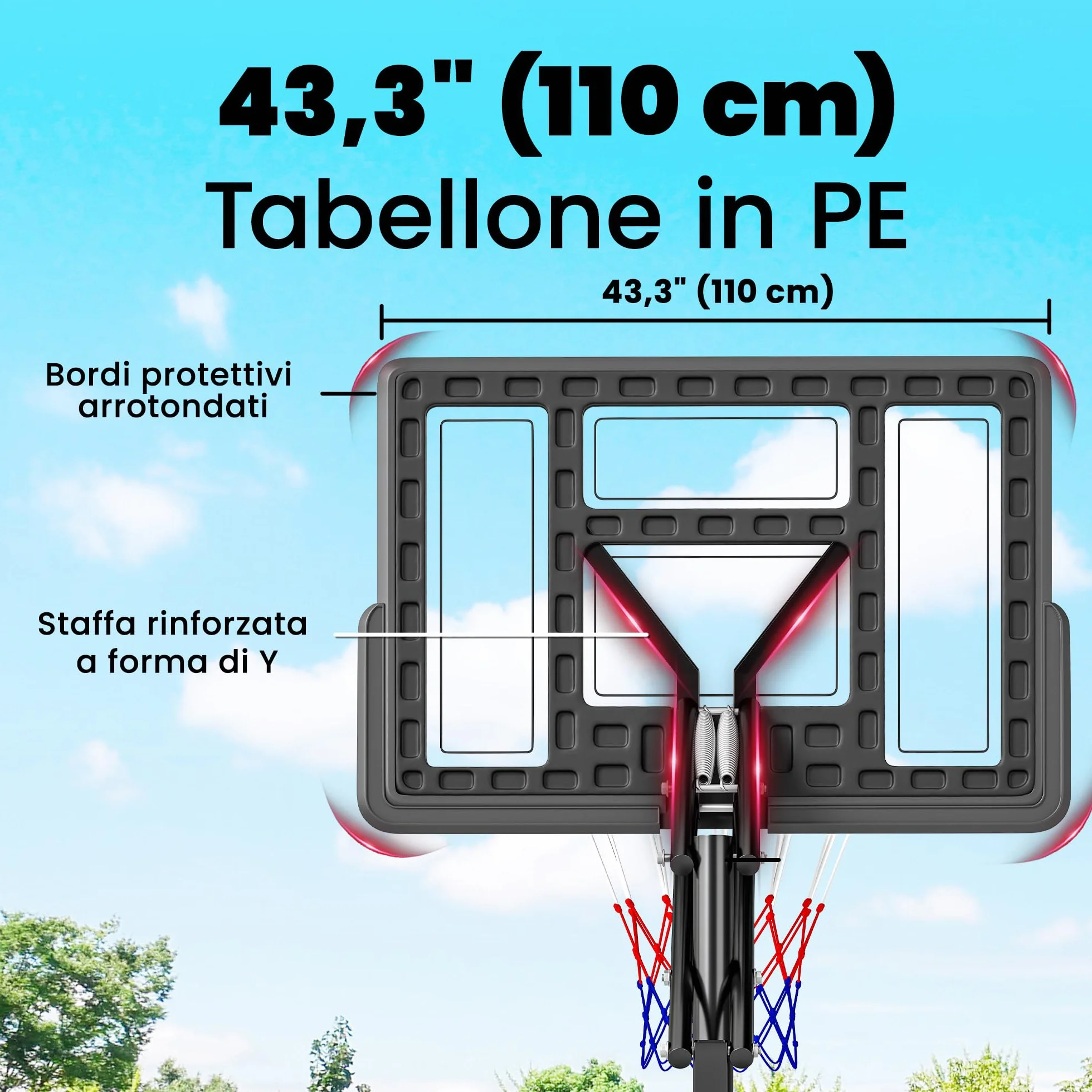 SPORTNOW Canestro Basket Regolabile 235-305 cm, Tabellone Infrangibile, Portatile, Nero