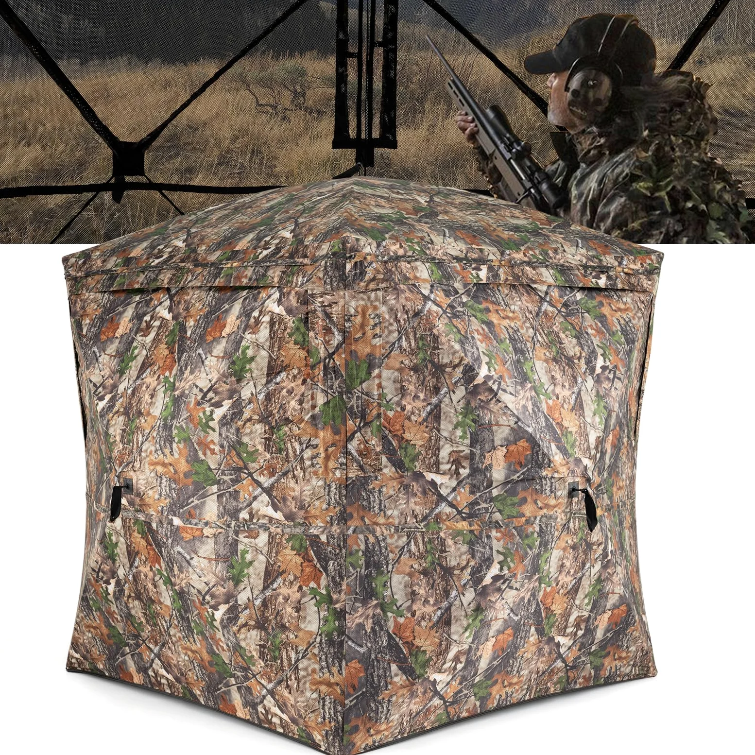 COSTWAY Tenda da Caccia per 2-3 Persone, Tenda Mimetica a 270° per Caccia, Tenda Pop-Up Camouflage con Porta Magnetica Silenziosa, 4 Finestre e Borsa da Trasporto, 146 x 146 x 170 cm