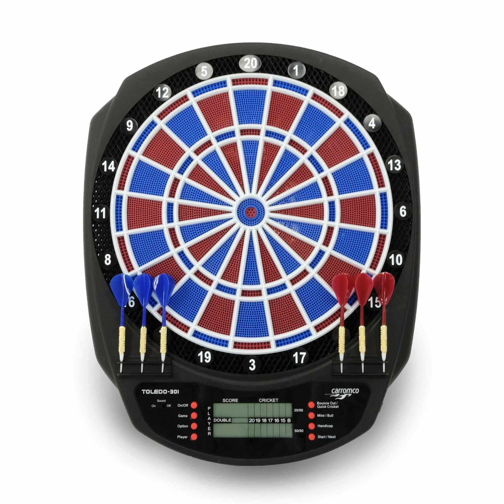 Carromco TOLEDO-301 - Bersaglio elettronico con display LCD, distanza a 2 fori, 43 giochi e 320 varianti, set di freccette per fino a 8 giocatori, con 6 freccette morbide