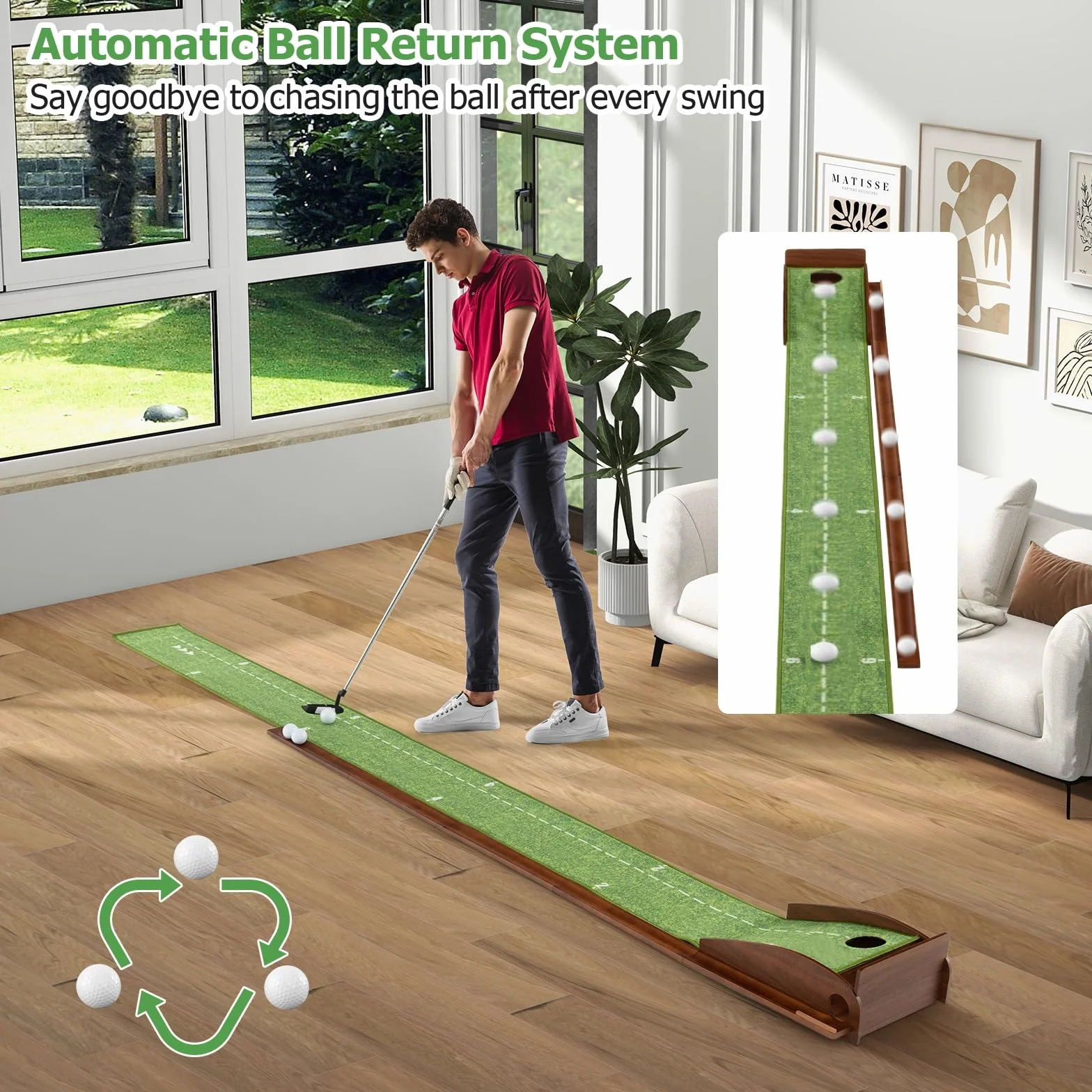 LIFEZEAL Golf Putting Mat, Tappetino da Golf con Ritorno Automatico, 3 Palline, per Interni ed Esterni