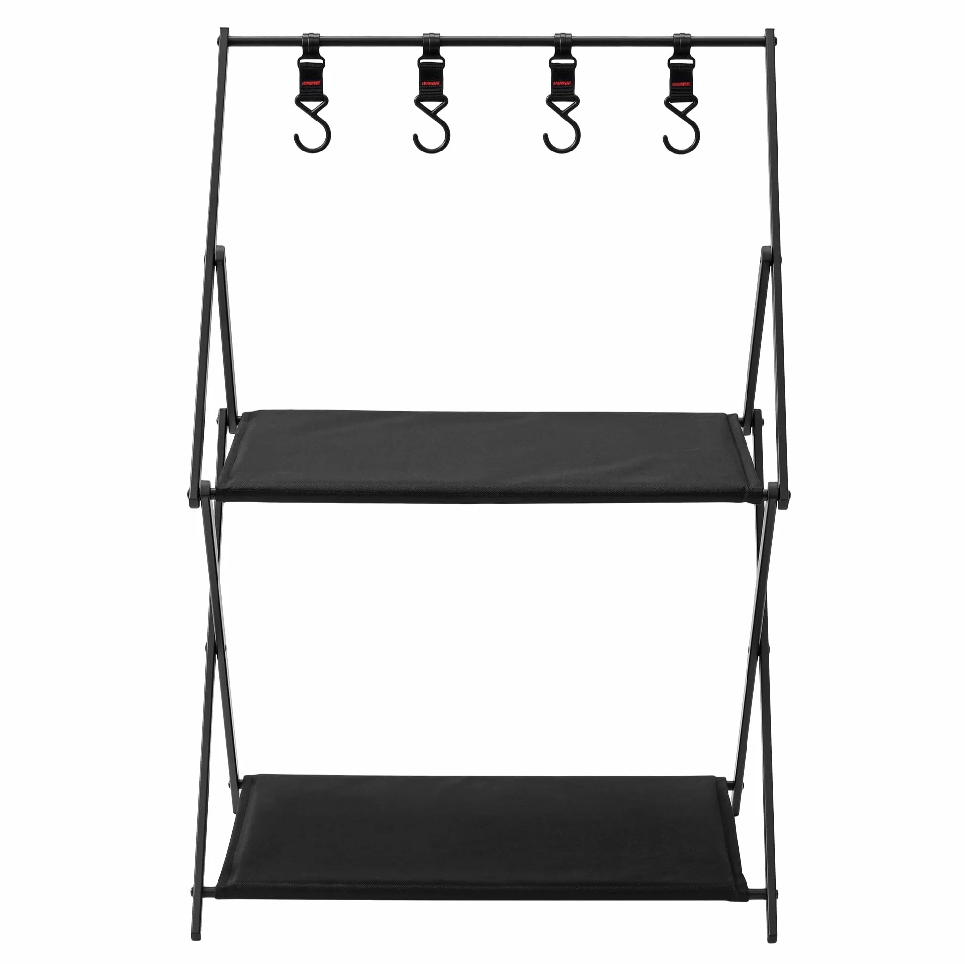 Navaris Scaffale da Campeggio Pieghevole 2 Ripiani 4 Ganci Portatile Salvaspazio Capacità Max 25 kg Nero