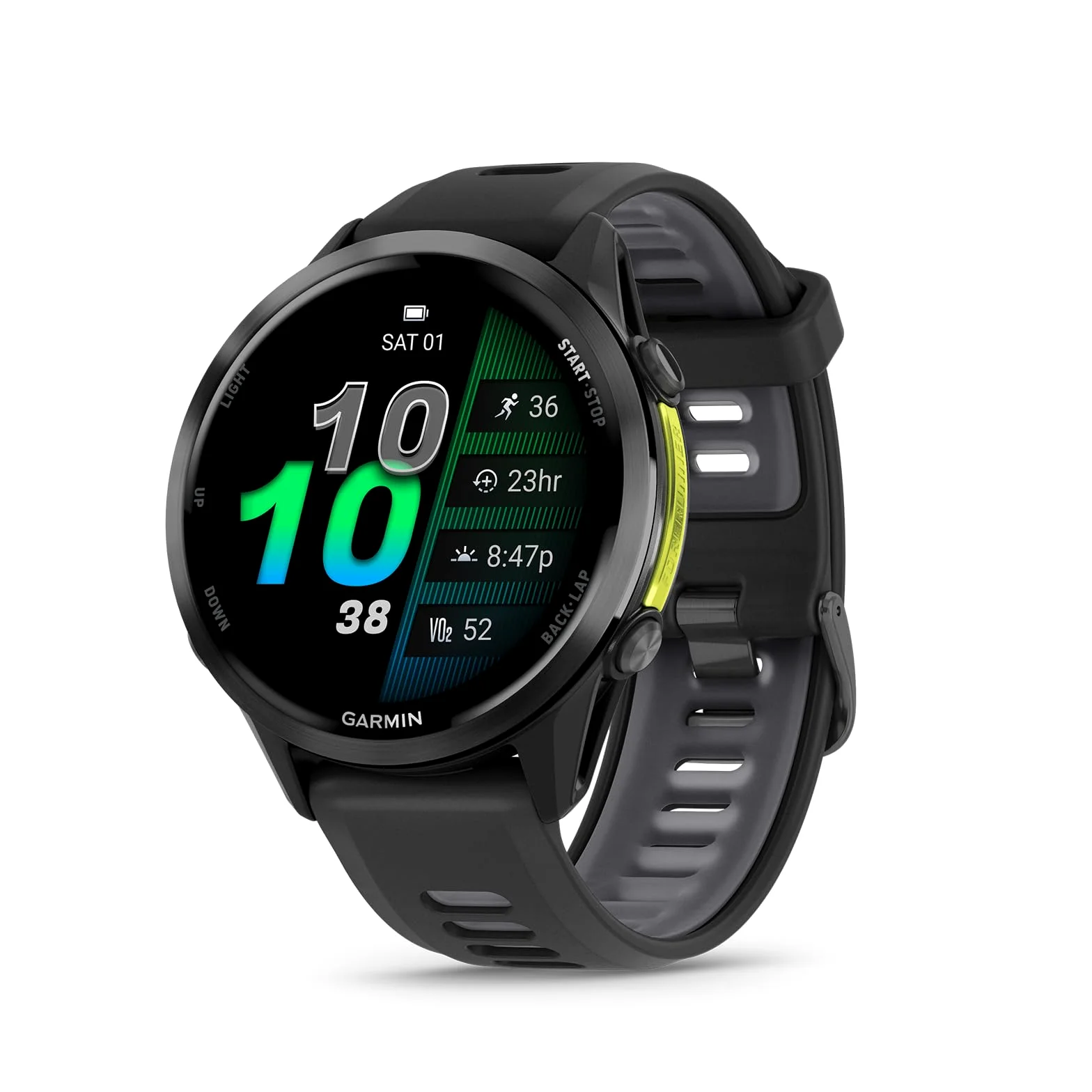 Garmin® Forerunner® 970 Premium GPS Running e Triathlon Smartwatch, display AMOLED, torcia LED integrata, grigio carbonio DLC titanio con cassa nera e cinturino nero traslucido Whitestone