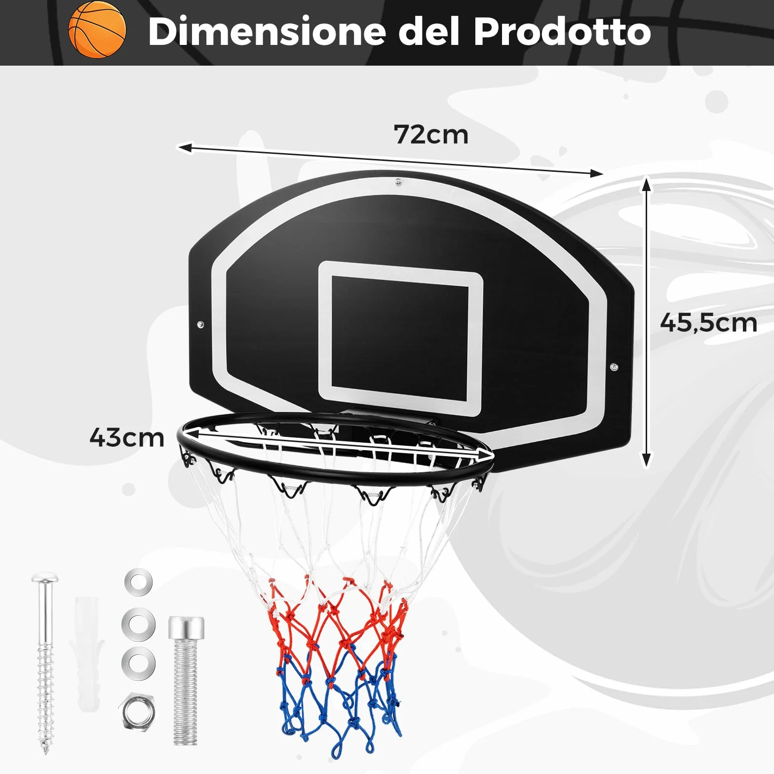 COSTWAY Tabellone Basket da Muro per Bambini e Adulti, Canestro da Parete 72x45,5 cm con Rete Anti-vento
