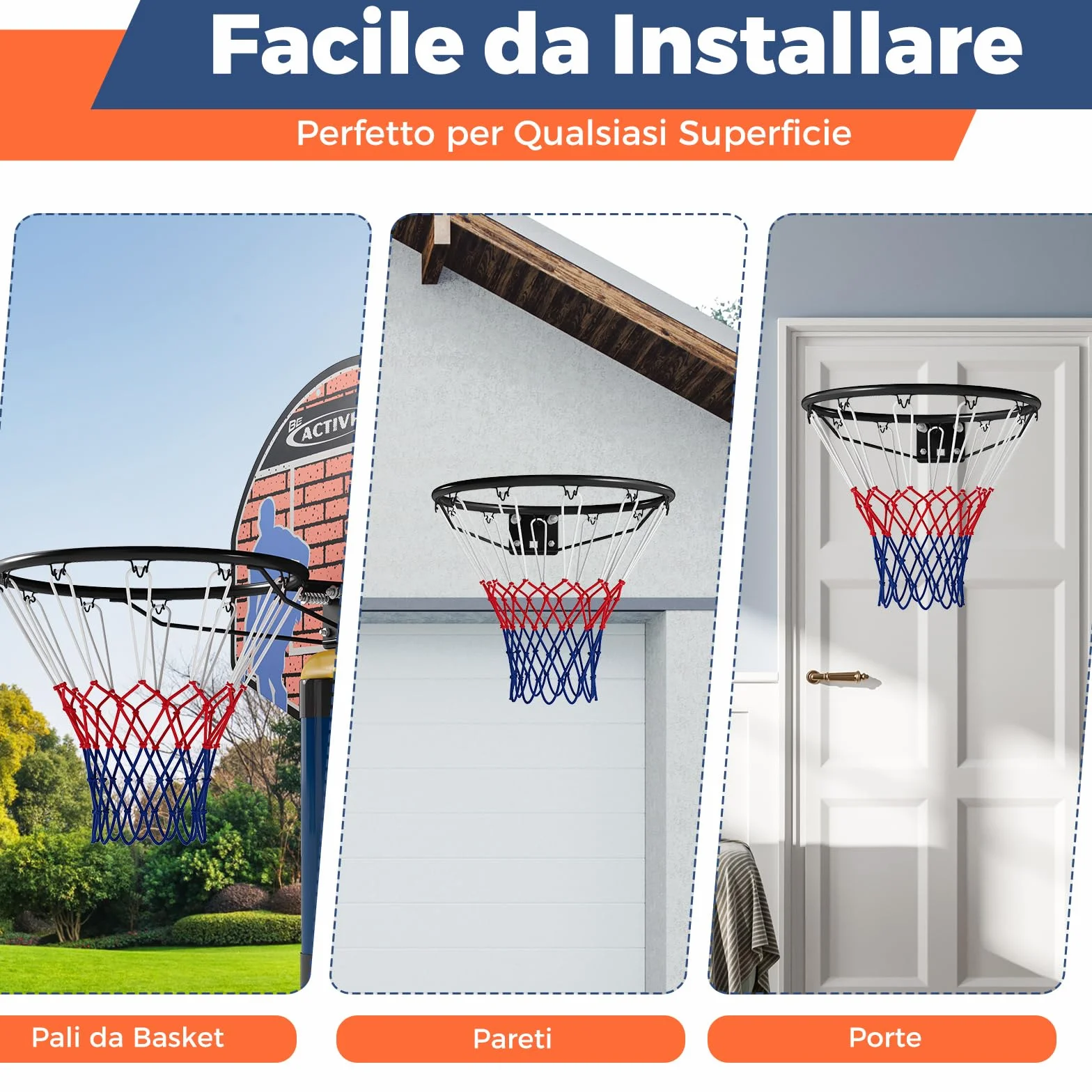 COSTWAY Canestro da Basket da Parete 45 cm, Anello da Pallacanestro con Doppie Molle, Cerchio Universale Esterno Interno