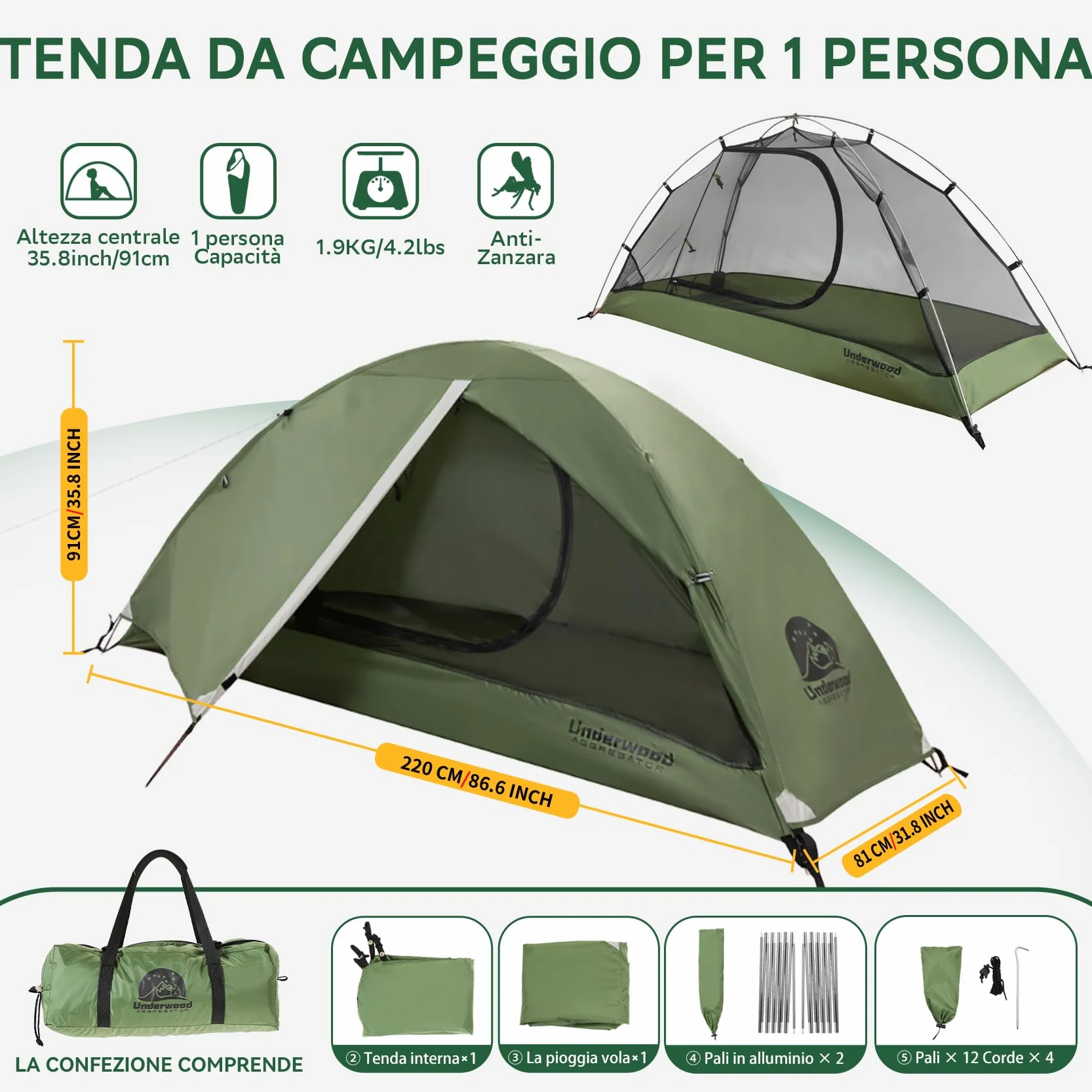 UnderwoodAggregator Tenda da escursionismo per 1 persona impermeabile leggera a cupola