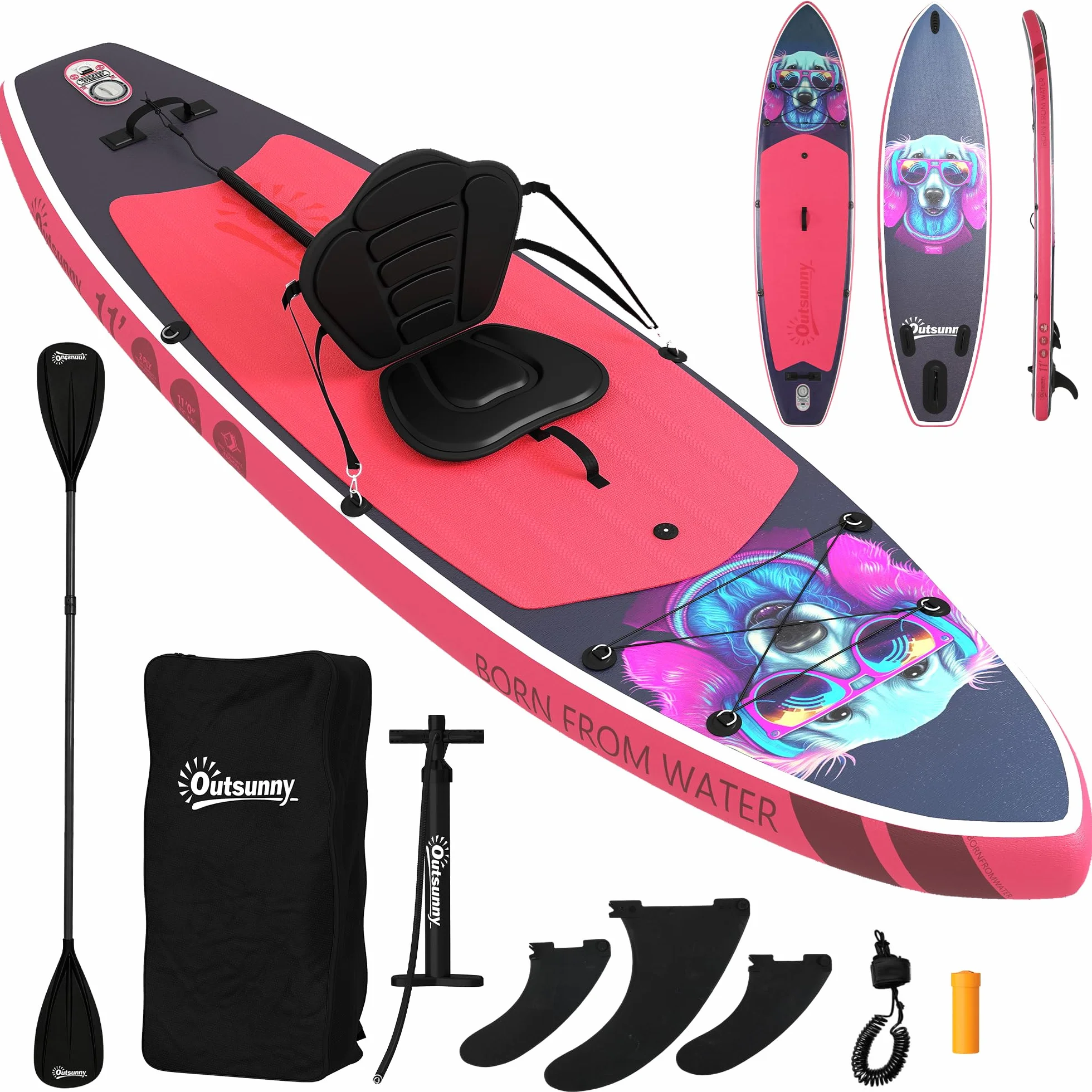 Outsunny Tavola Sup Gonfiabile Adulti, 335 cm Extra-Lunga Stand Up Paddle Board con Sedile, Pagaia Convertibile, Ponte Antiscivolo, Zaino, Pompa, 3 Pinne, Custodia Telefono Impermeabile, Carico 180kg