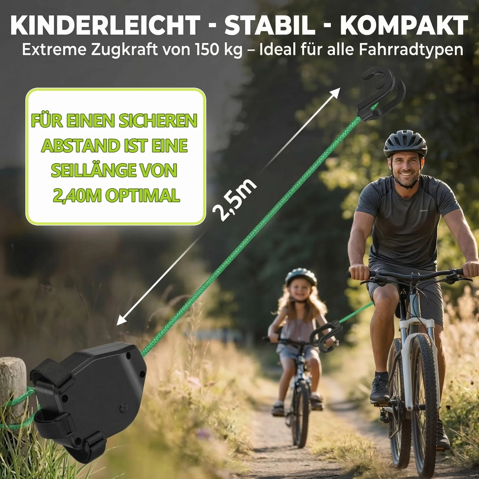 Corda di Traino per Bici da Bambino 2,5 m Portata 225 kg per MTB E-Bike con Moschettone e Custodia