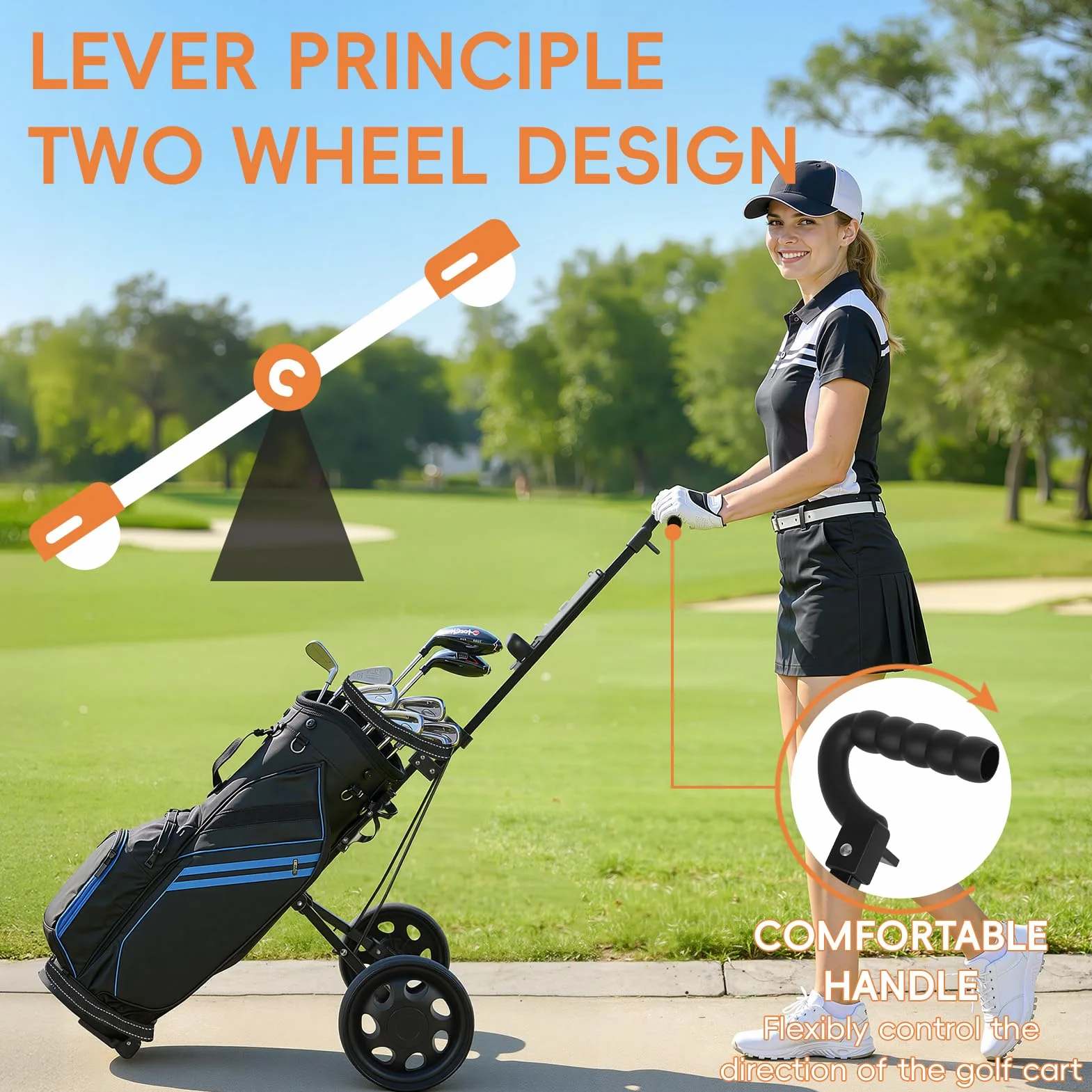Carrello da golf a 2 ruote pieghevole in metallo leggero con segnapunti e supporto tee