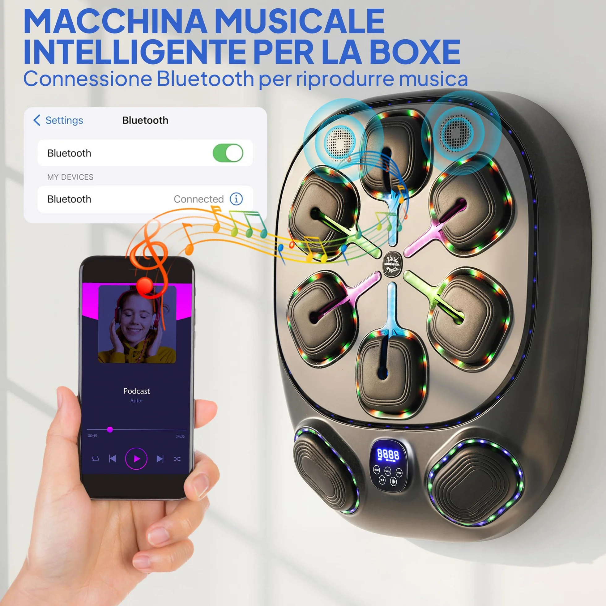 SPORTNOW Macchina da Boxe Musicale a Parete con 9 modalità e Luci LED Multicolore, Music Boxing Machine per Adulti con Connessione Bluetooth, per Casa e Palestra, 61x48x11 cm, Nero