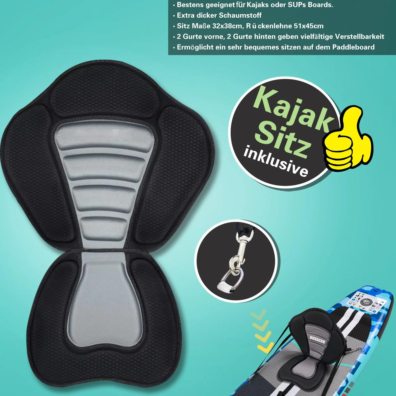 Stand up paddle gonfiabile, sedile per kayak e supporto per fotocamera, pagaia 2 in 1, 330 x 76 x 15 cm, fino a 150 kg, pompa con cinghia da piede, zaino