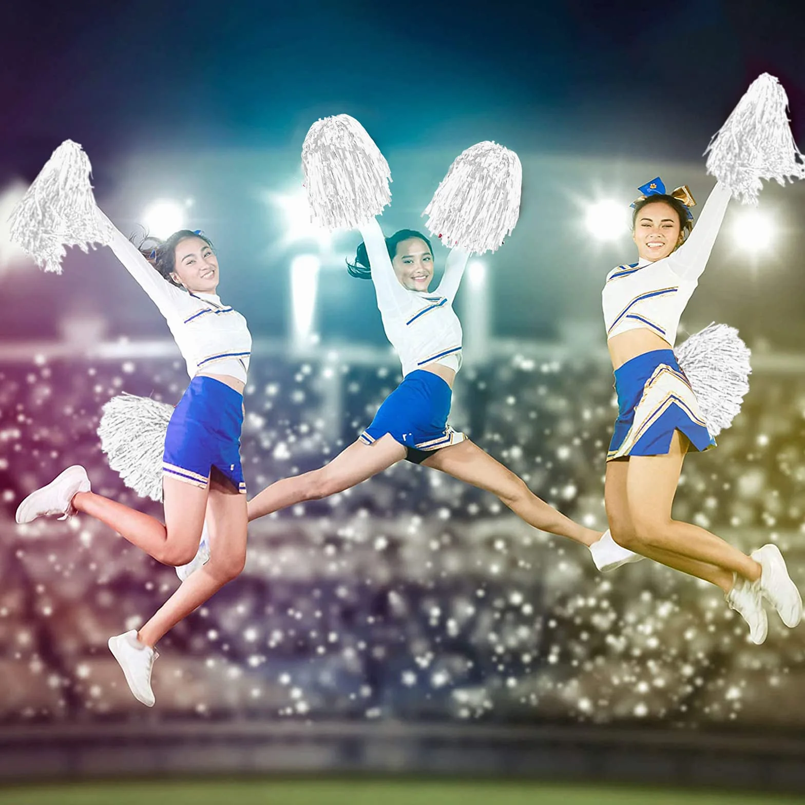 LINYAPRY 24 pompon metallici da cheerleader per bambini adulti con manico a bastone bianco