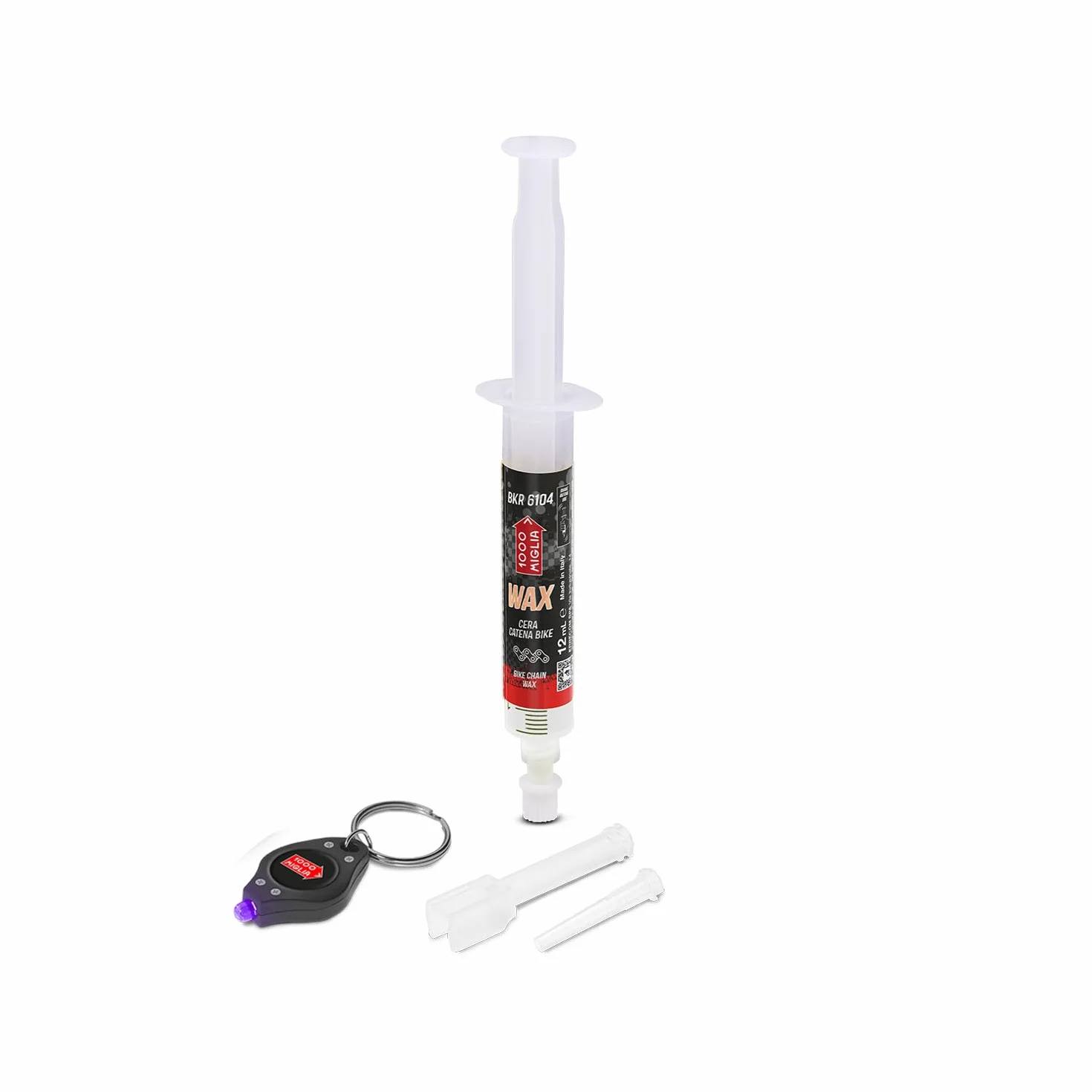 1000 Miglia BKR 6104 DRY Cera Catena Bici per utilizzo in Condizioni del tracciato Asciutte e Polverose, Siringa con applicatori Drop e Huggie System - 12 ml