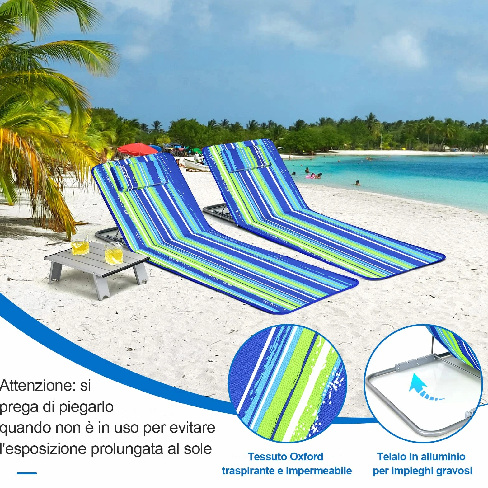 GYMAX Tappetino da Spiaggia Reclinabile Set 2 Sedie e Tavolino Pieghevole Multifunzione Blu e Verde