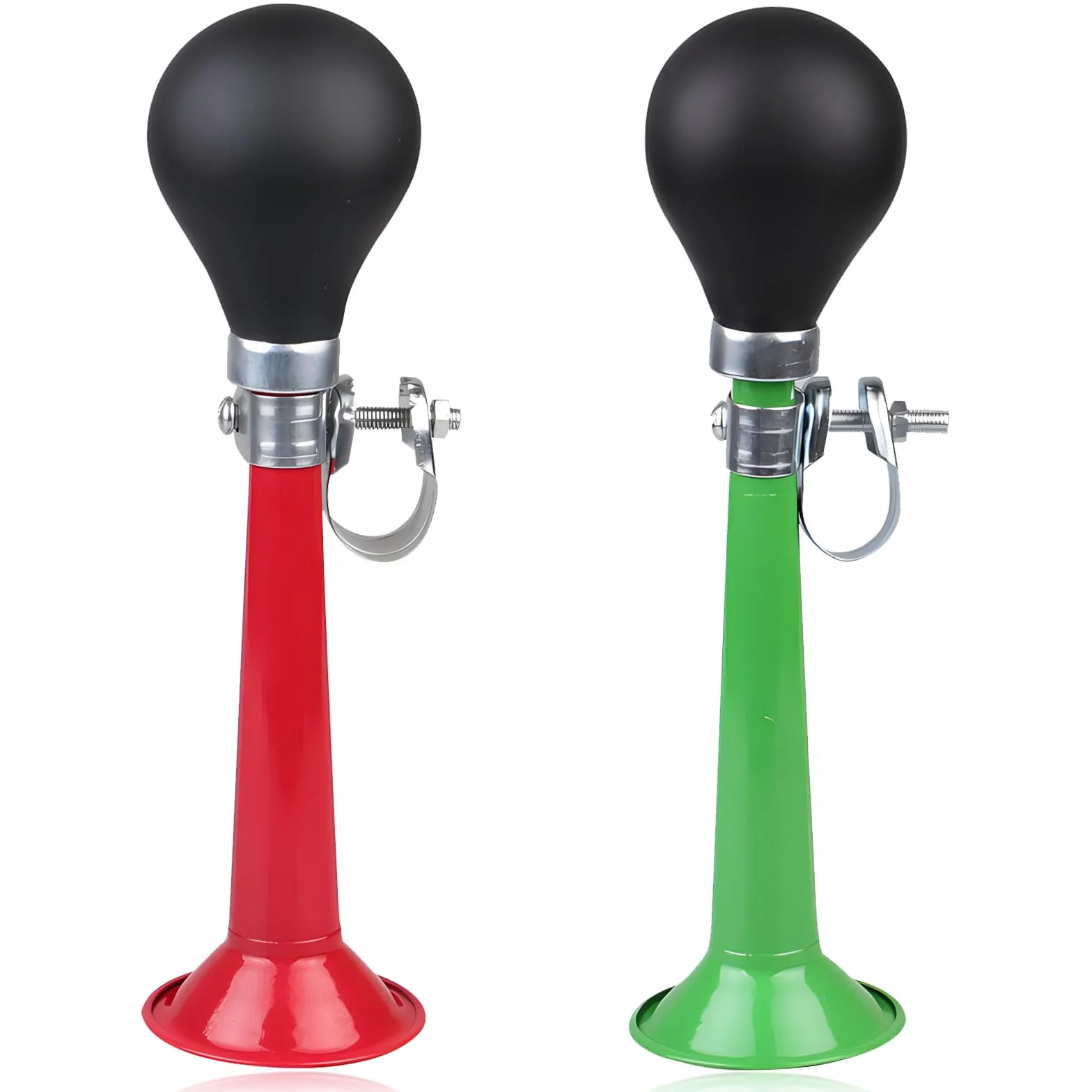 Mein HERZ 2 campanelli per bicicletta, corno in metallo cromato, 20 cm, suono di tromba (verde + rosso)