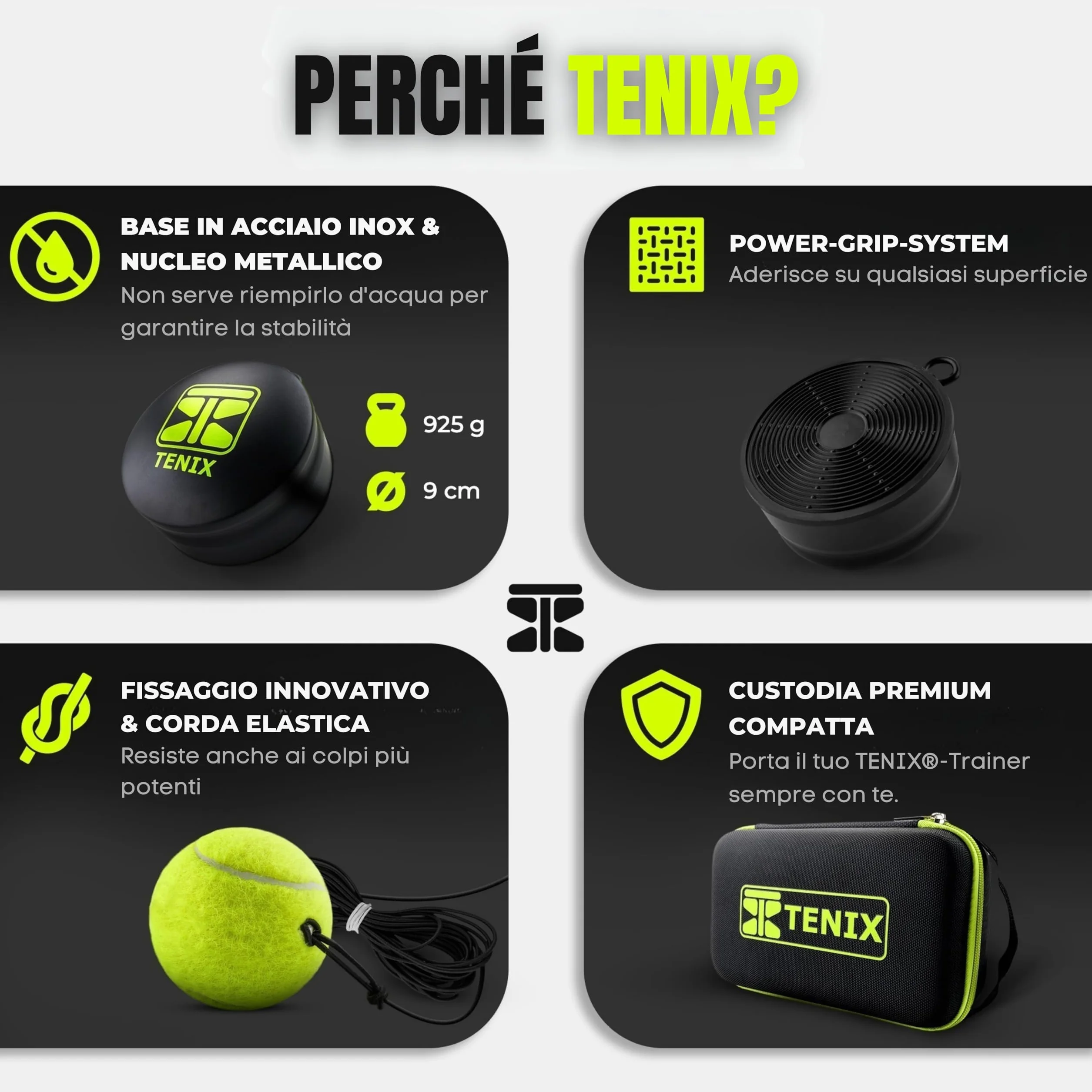 TENIX Tennis Trainer Power-Grip-System Solo Allenamento Tennis Bambini Adulti Giardino Parco Campo Rimbalzo Infinito
