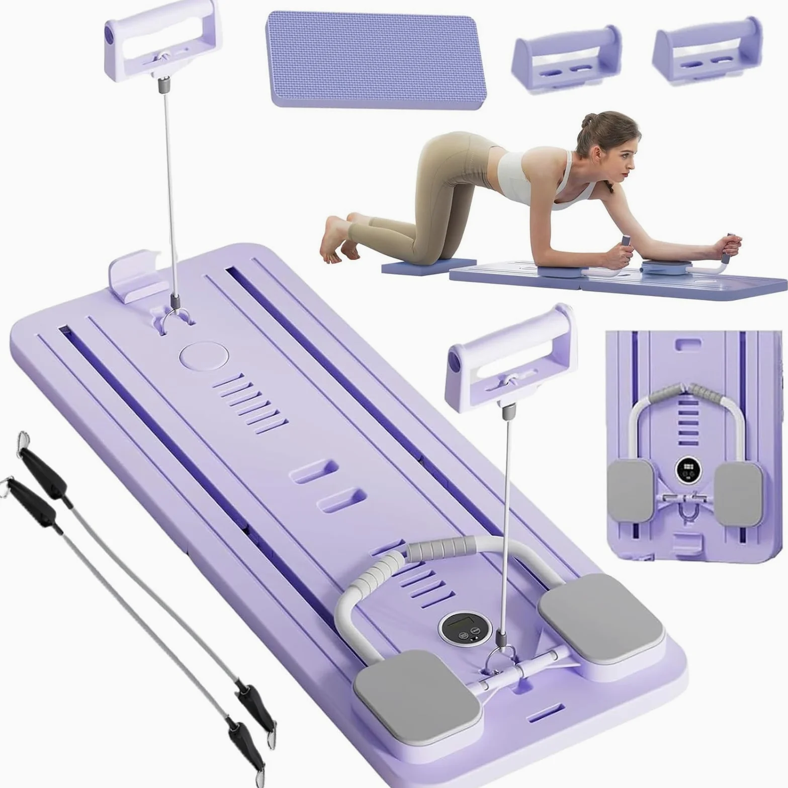 Pilates Board Pilates Reformer Machine Set, Foldable Multi-Purpose Rullo per Addominali Rulli Addominali con Rimbalzo Automatico, Attrezzo per Allenamento a Casa(Viola senza Impugnatura)