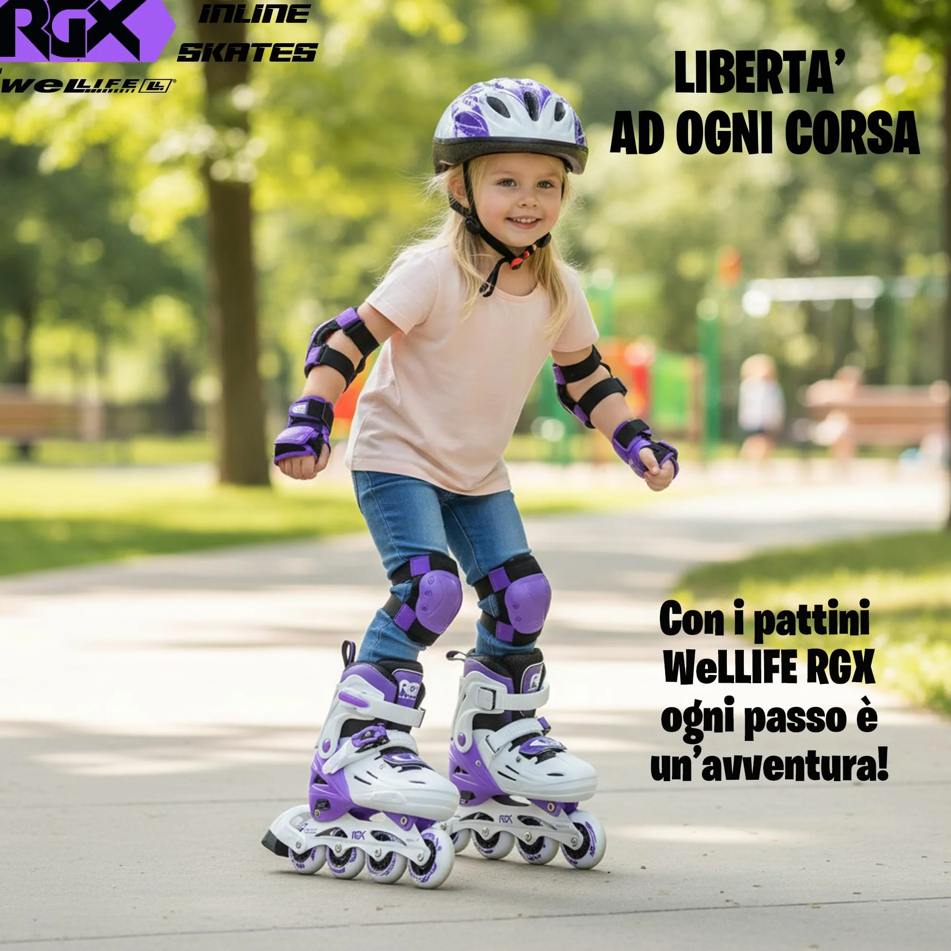 WeLLIFE RGX Line Pattini in Linea Bambina e Bambino Regolabili 4 Misure, Doppia Configurazione Ruote, Guscio Rigido, Piastra Alluminio, Cuscinetti ABEC-7