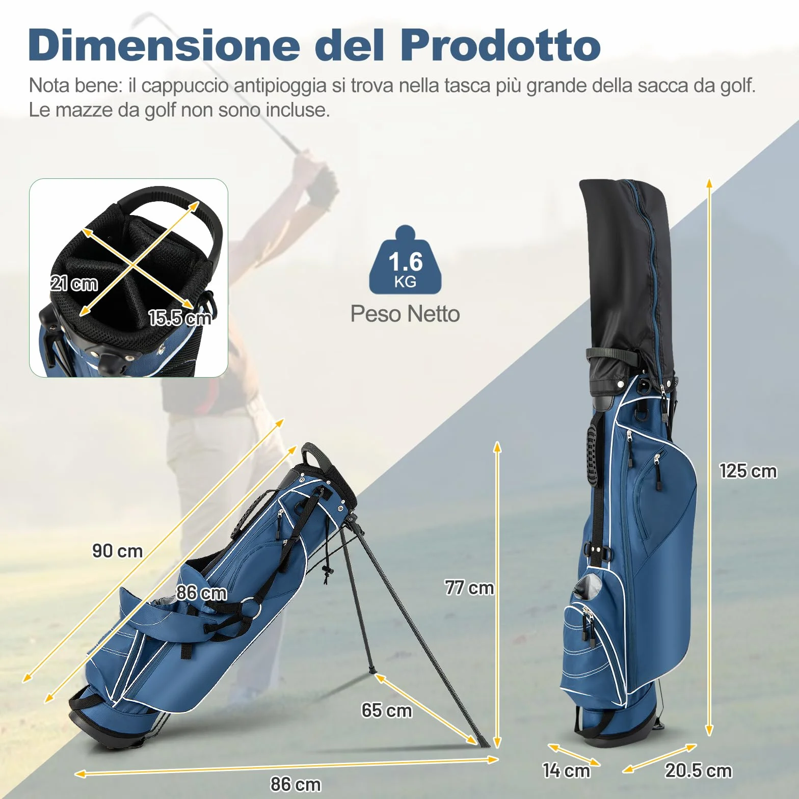 GYMAX Borsa da Golf con Cavalletto 20,5 x 14 x 125 cm