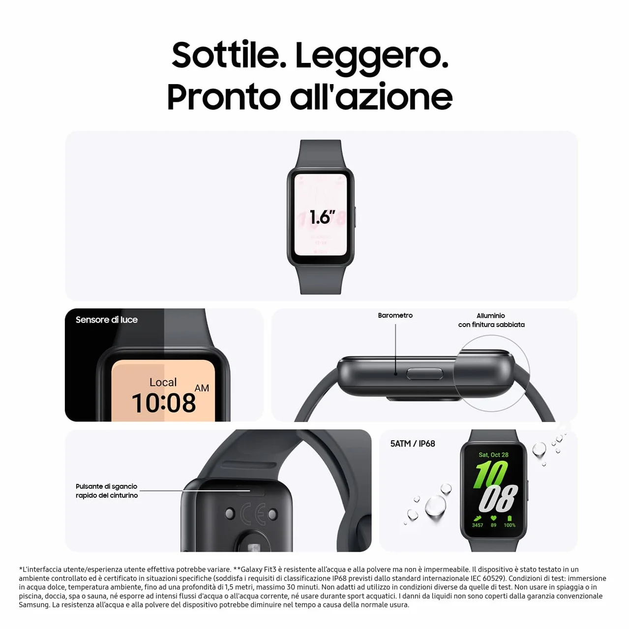 Samsung Galaxy Fit3 Fitness Band, IP68, Barometro, Rilevamento Cadute/SOS, Monitoraggio Sonno, Oltre 100 Esercizi, Gray