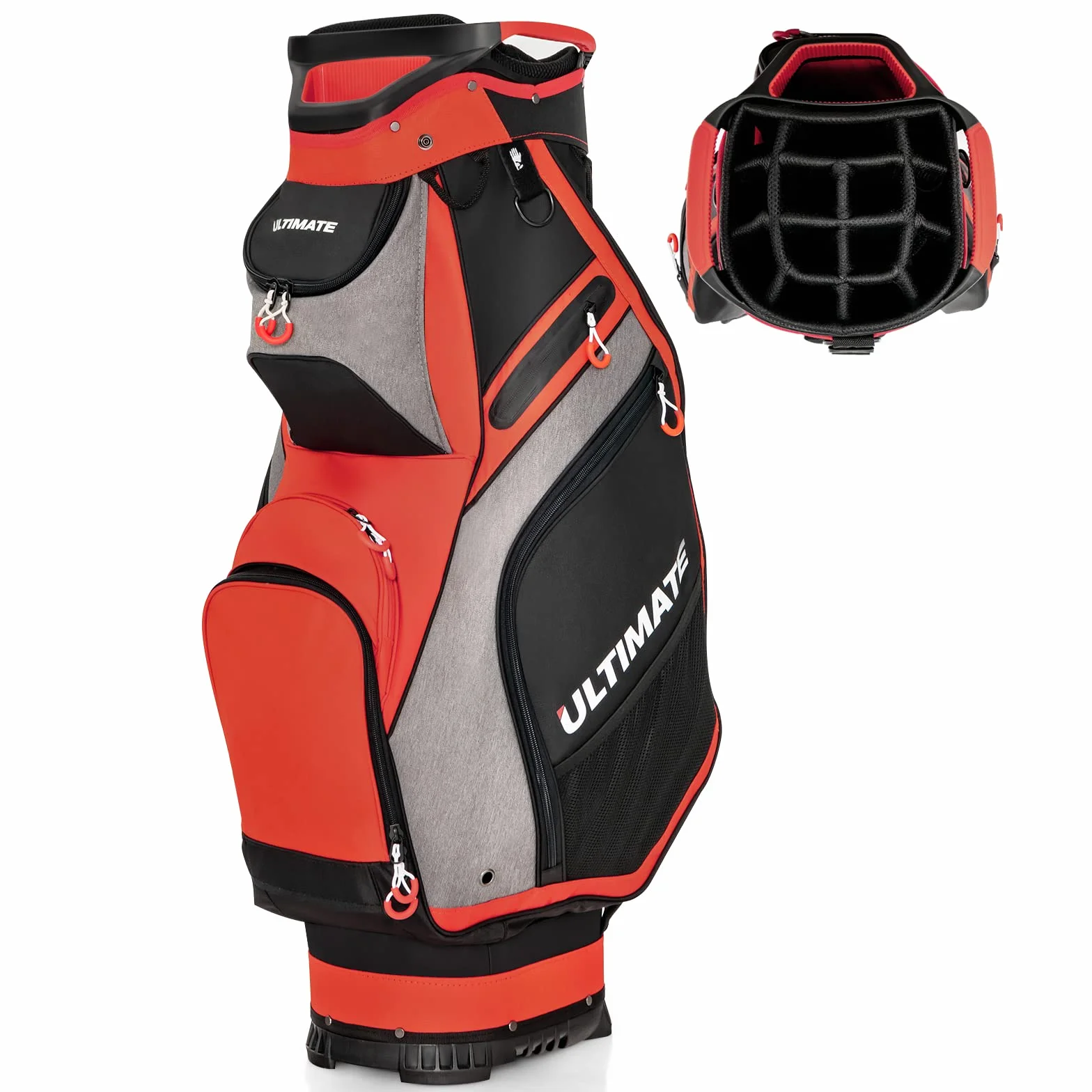 COSTWAY Borsa da Golf Portatile 14 Divisori 7 Tasche Cappuccio Antipioggia Tracolla Manico Portaombrelli Rosso Grigio