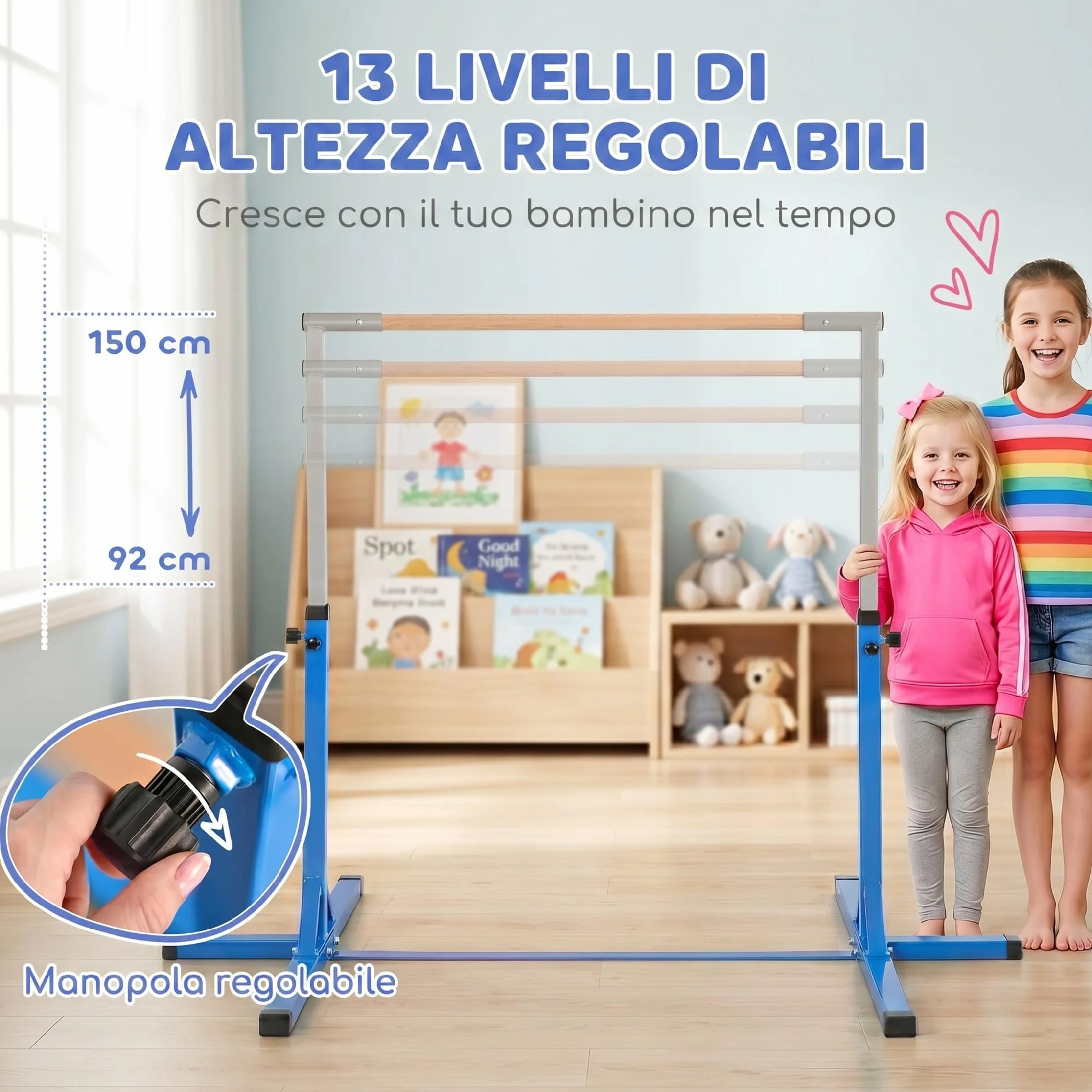 HOMCOM Barra da Ginnastica Artistica per Bambini 3+ Anni Altezza Regolabile 92-150 cm Acciaio Legno Massello Faggio Sbarra Orizzontale Danza Attrezzatura Palestra Antiscivolo