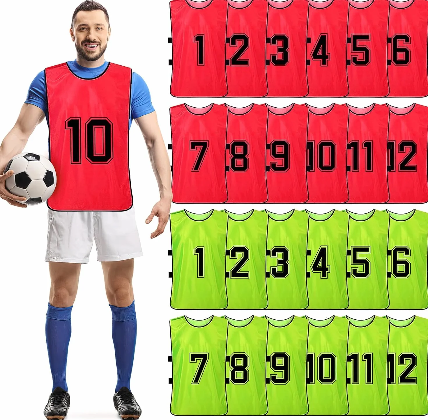 Scrimmage Training Vest 24 Pezzi Reversibile Numerato Calcio Basket Football Bavaglini Pinnies Verde Rosso Adult