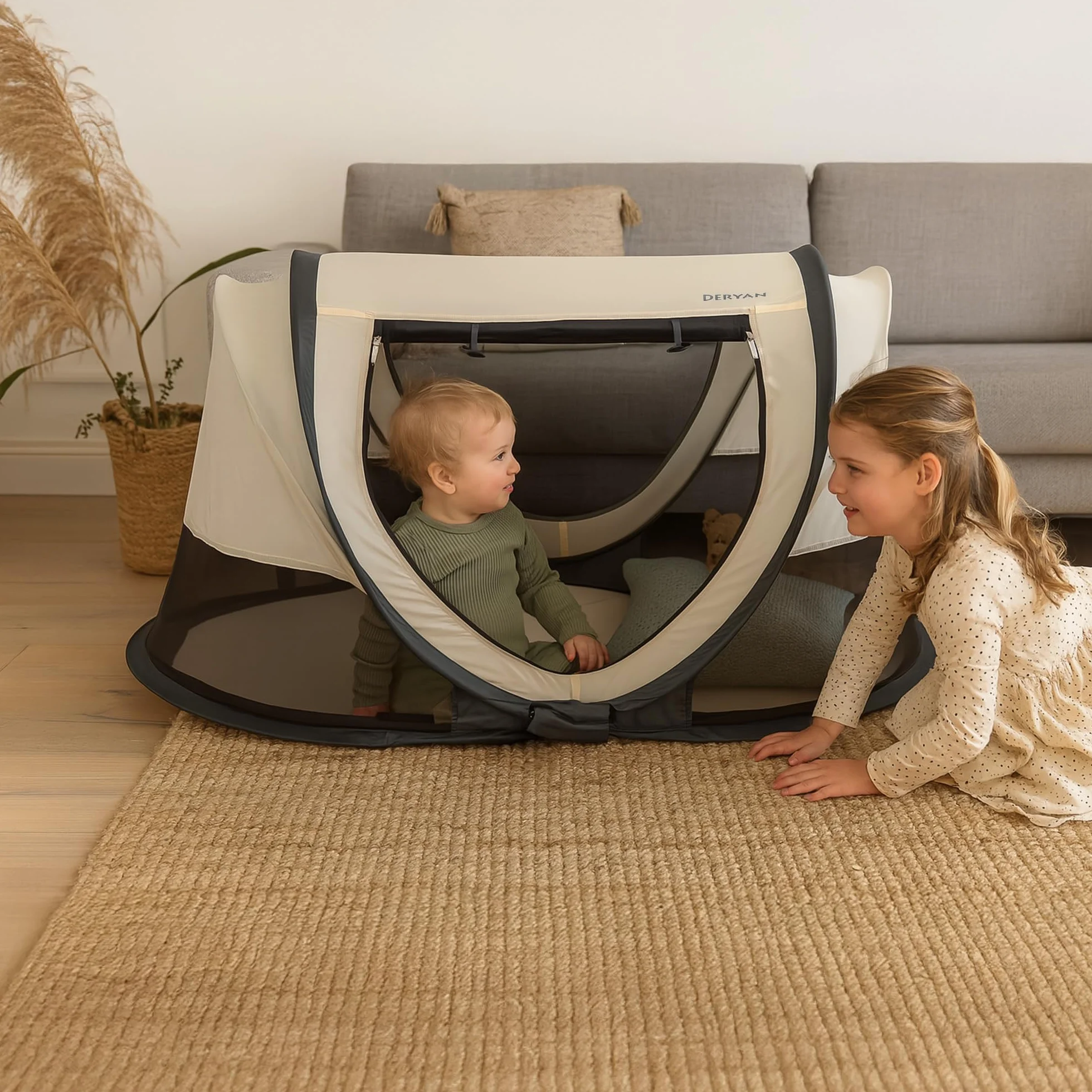 Deryan Scott Lettino Parapioggia per Bambino 120x75x50cm Tenda Pop-Up Zanzariera Borsa da Viaggio Crema