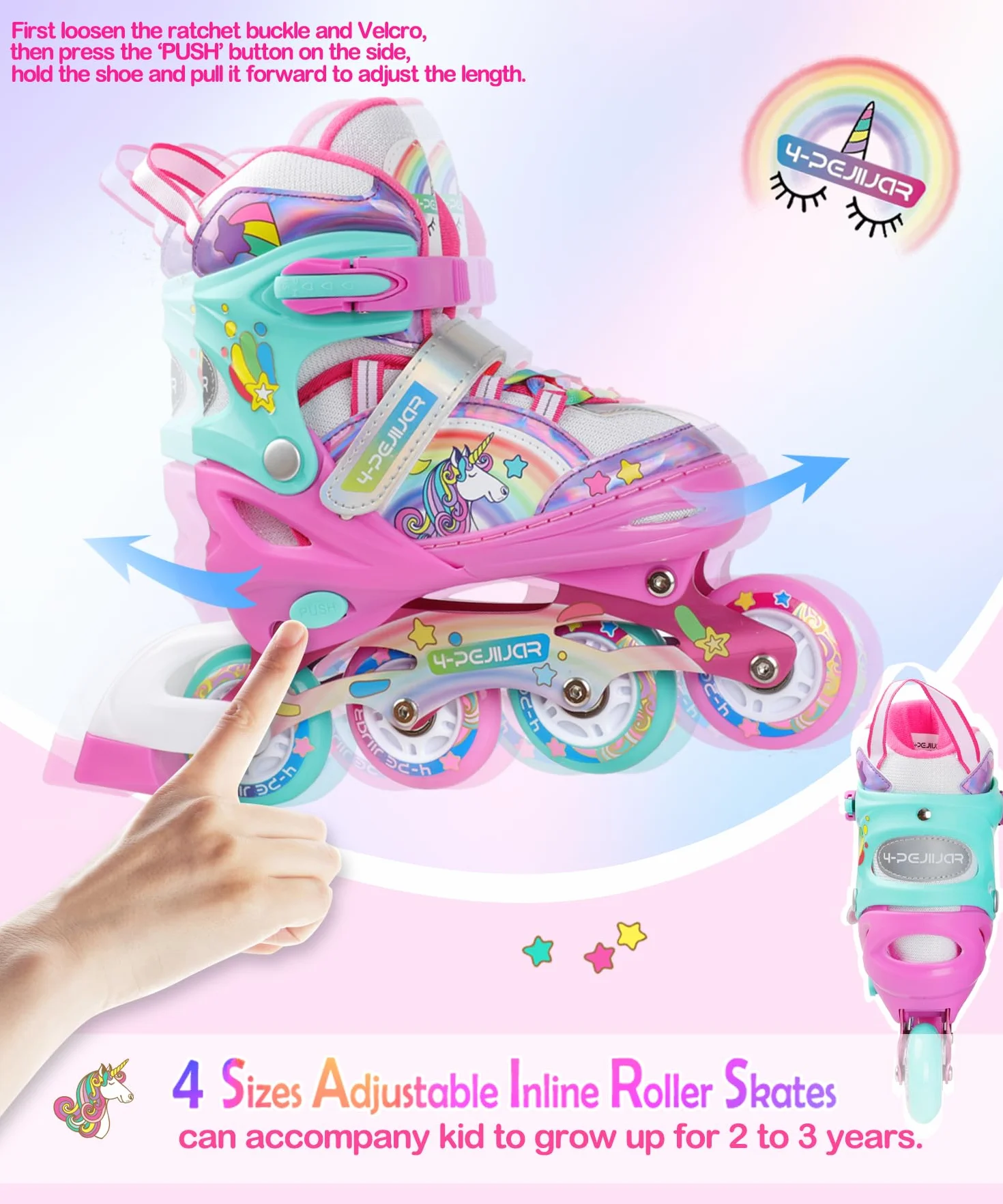 Unicorno Pattini in Linea Bambina Regolabili 4 Ruote LED per Principianti Ragazza