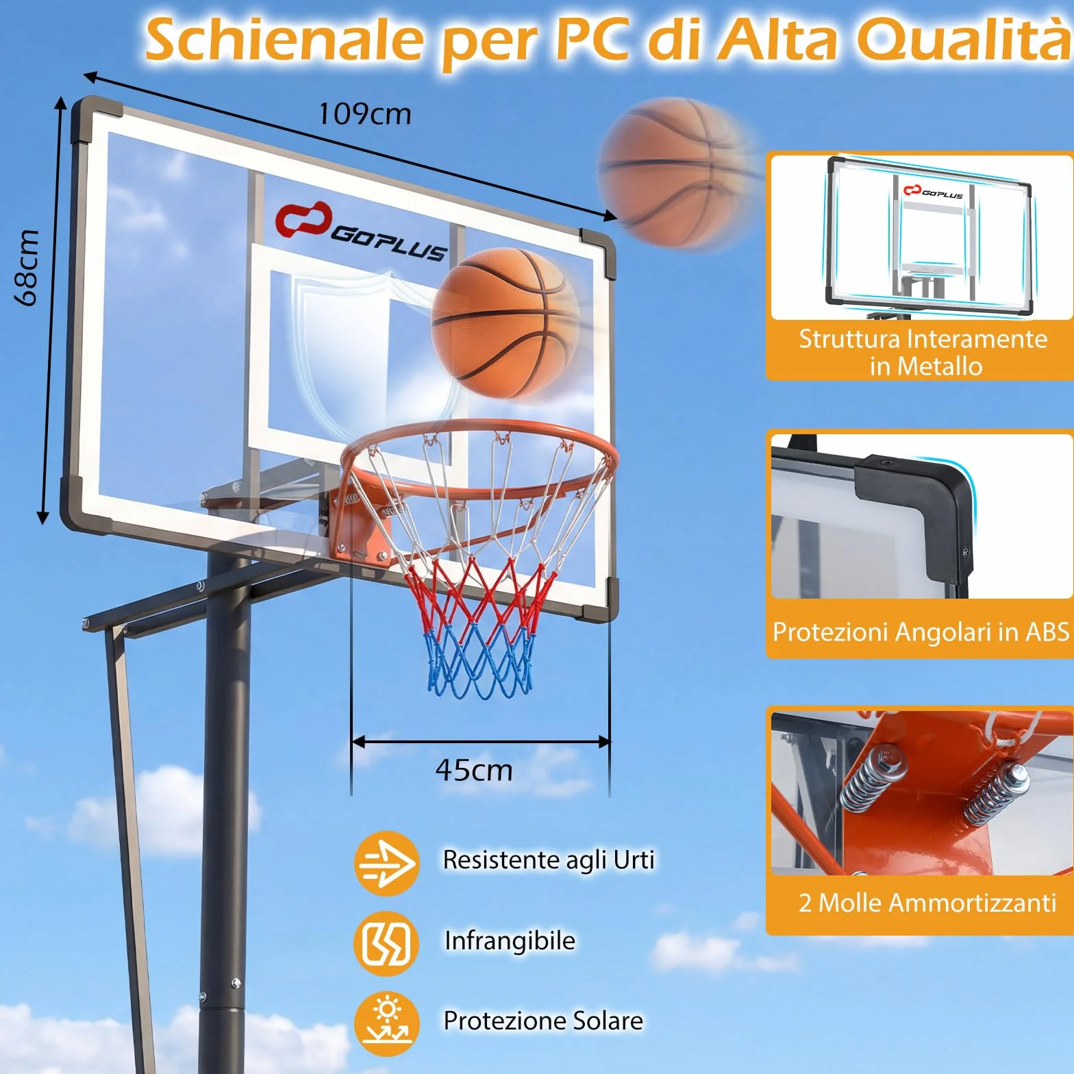 COSTWAY Canestro da Basket Portatile Altezza Regolabile 226-361 cm Tabellone Infrangibile Base Riempibile