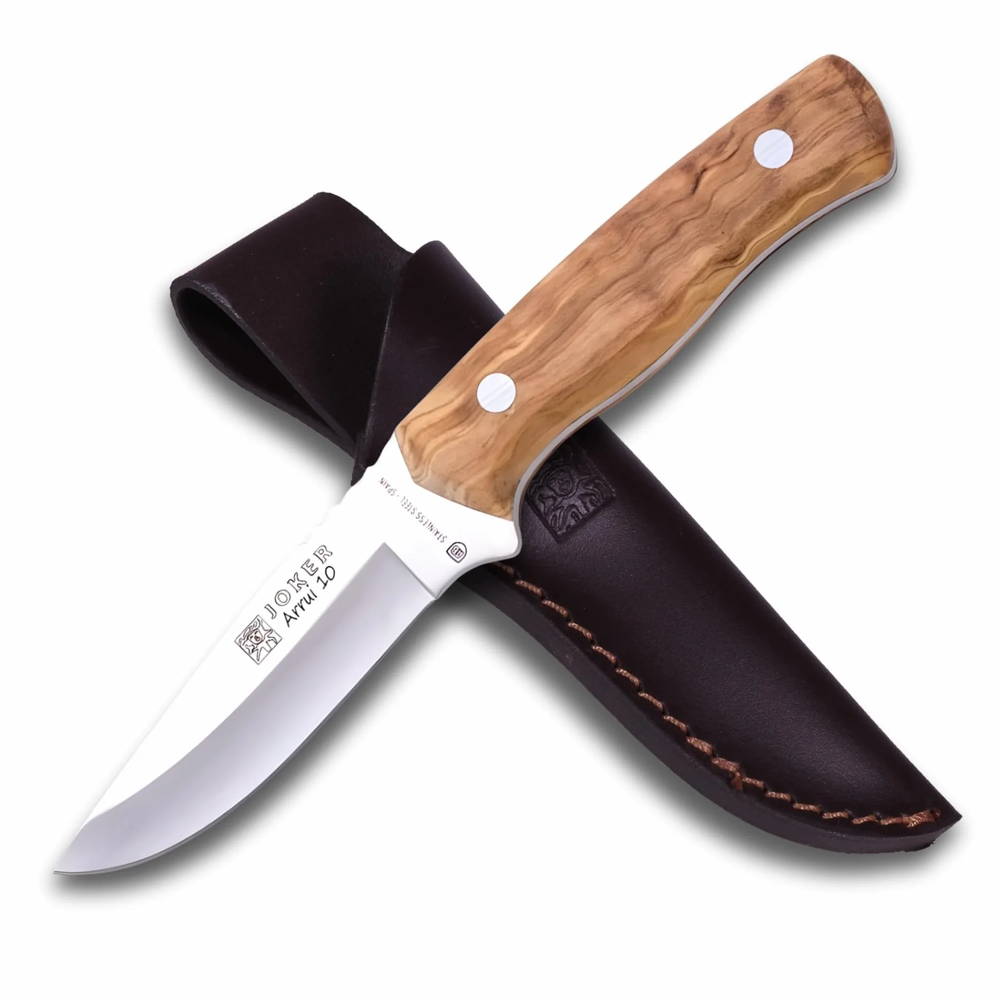 joker Coltello Bushcraft Arrui, incorpora custodia in pelle, con lama 10 cm Inox 420, cache in legno d'ulivo, 130 grammi, CO60 per la pesca, la caccia, l'escursionismo, il campeggio