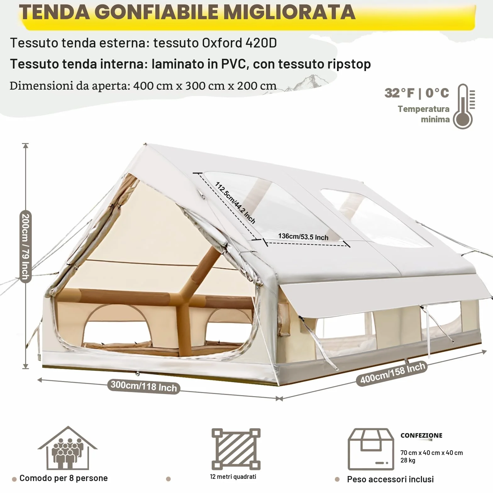 Tenda da campeggio gonfiabile 2-8 persone con apertura camino e lucernario, Oxford impermeabile 4 stagioni, pompa aria