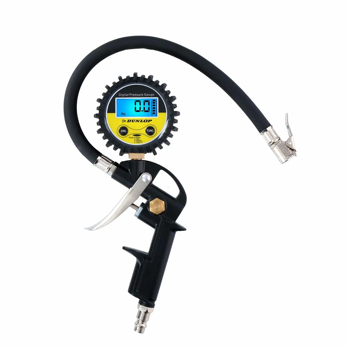 Dunlop Manometro digitale per pneumatici – Misura PSI/BAR/KPA/KG – Funziona a batterie – Tubo dell'aria da 30 cm – Adatto alla maggior parte dei compressori d'aria – auto, bicicletta, moto e camion