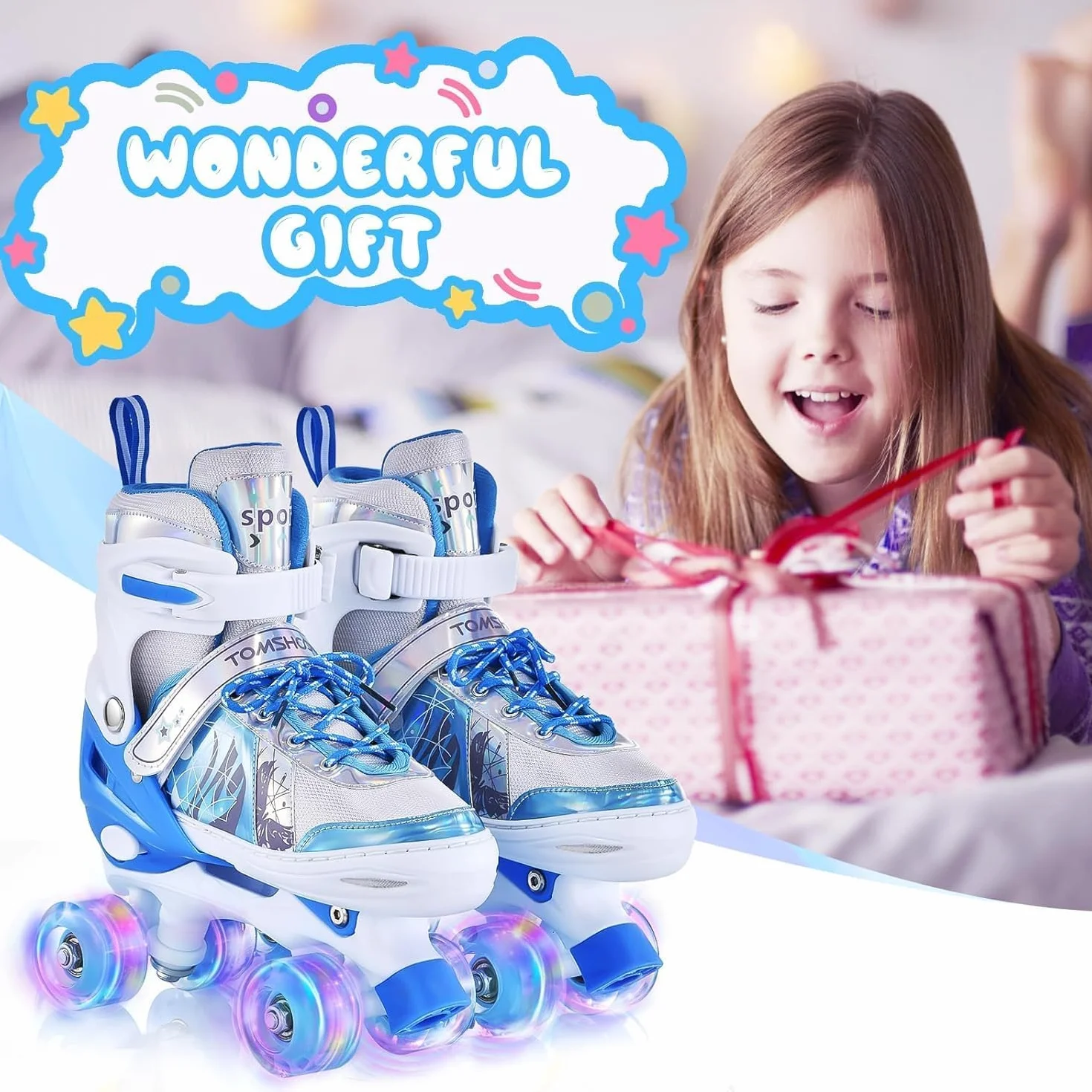 TOMSHOO Pattini a rotelle per ragazze, pattini in linea per bambini, ragazze, con luci a LED luminose, pattini in linea per bambini, misura regolabile, per principianti, bambini, regalo