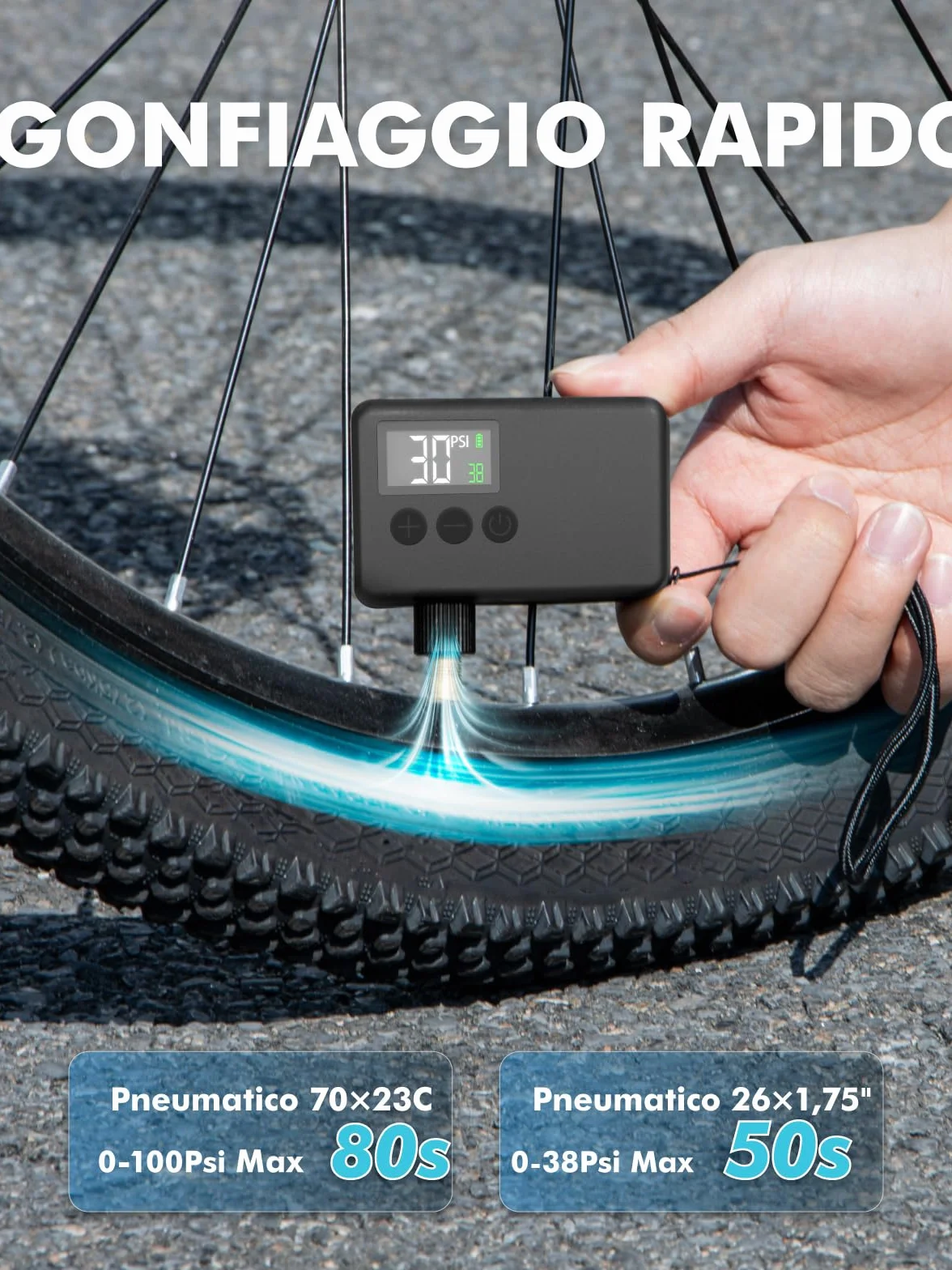 GPUTEK Pompa Elettrica per Bicicletta 120 Psi Portatile con Manometro Digitale per Valvole Presta e Schrader