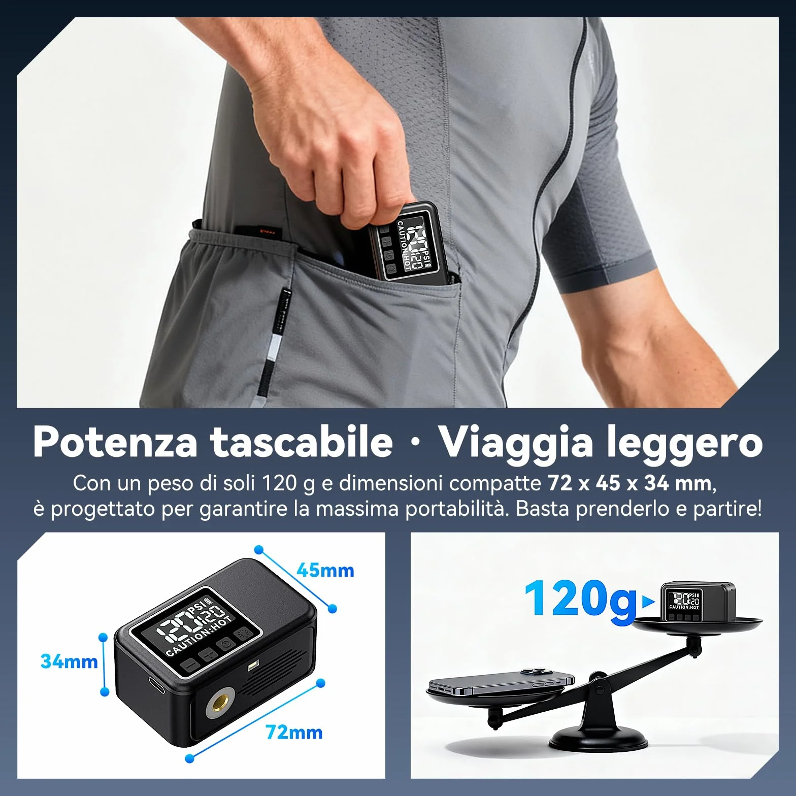 Mini Pompa Elettrica Bici Silenziosa 120 Psi Gonfiaggio Rapido 50s Compatibile Valvole Presta Schrader