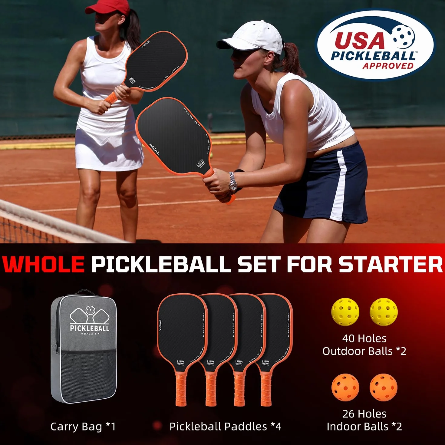 BAGAIL Set di racchette da pickleball con 4 palline, leggere, assorbimento urti, ergonomiche
