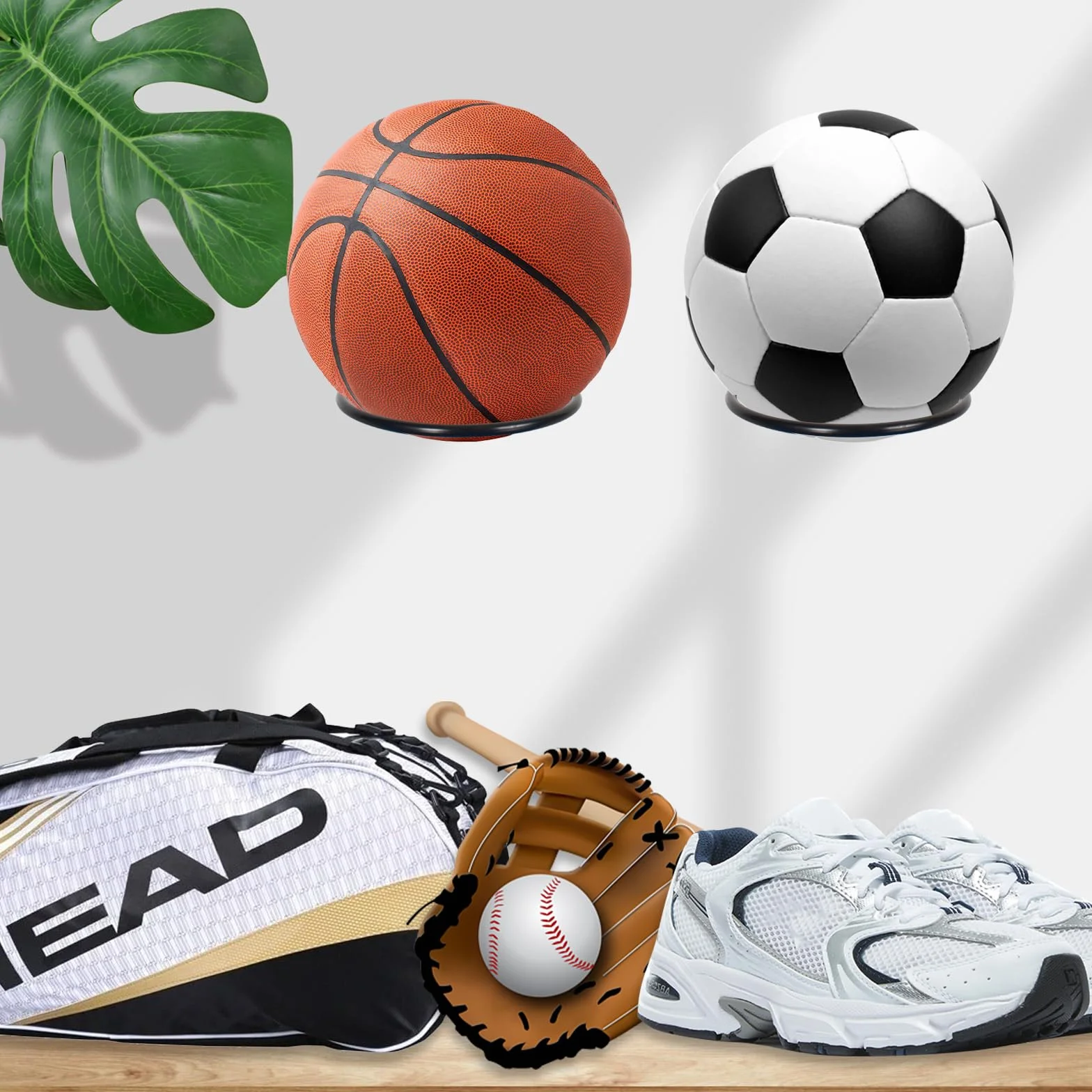Supporto da Parete per Pallacanestro, Pallone da Calcio, Pallavolo, Rugby in Metallo Nero