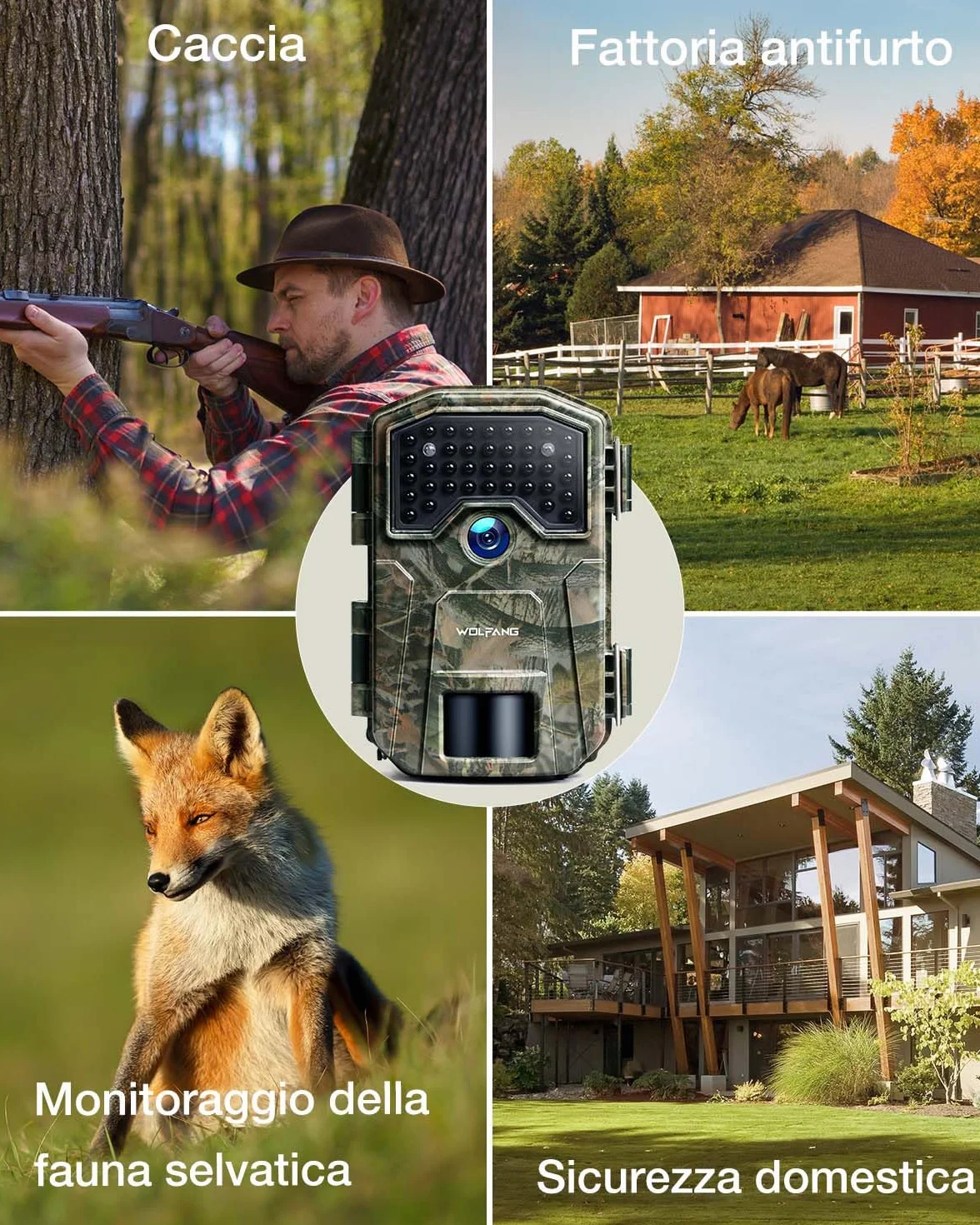 WOLFANG Fototrappola 4K 48MP HD Fotocamera Caccia 38 LED Infrarossi Invisibili 940nm IP66 Impermeabile Visione Notturna