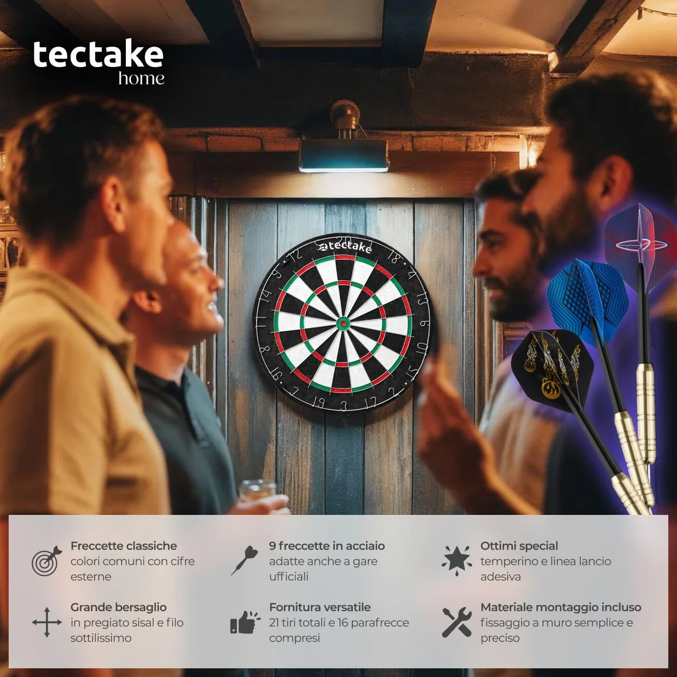 Tectake Bersaglio Freccette Professionali, 9 Frecce da Competizione, 21 Alette, Sisal Autorigenerante, Dart Board