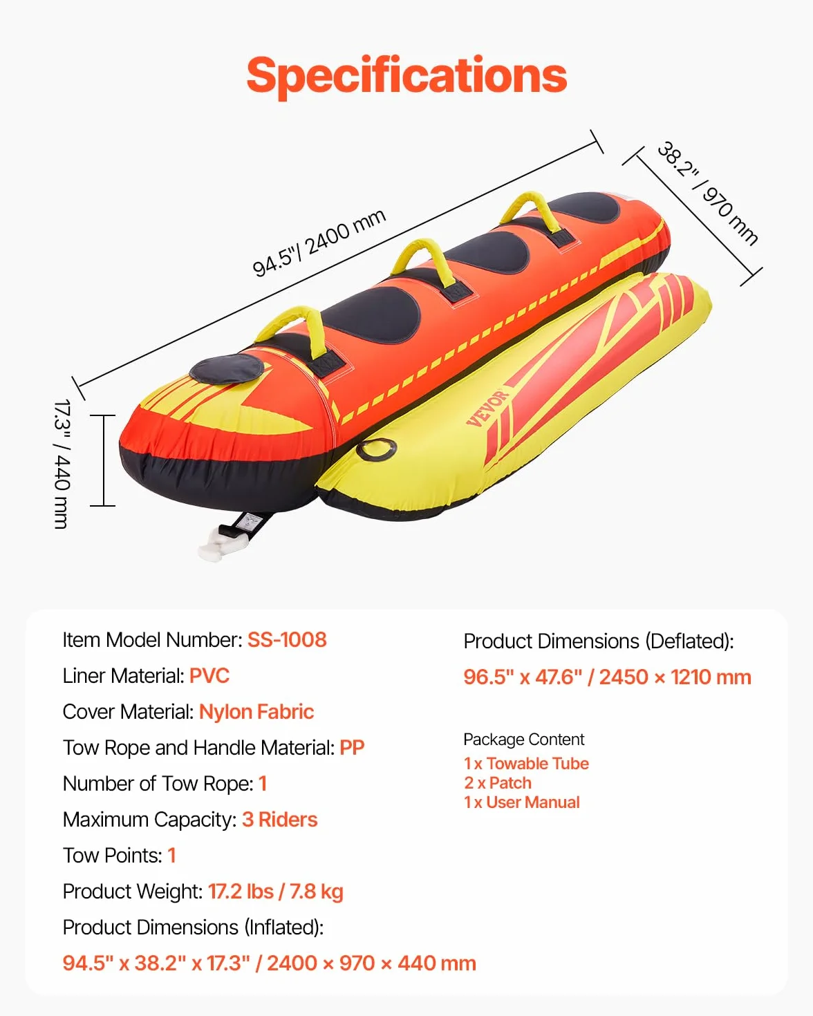 VEVOR Tubo Trainabile per Barche Capienza 1-3 Persone Carico Max 231 kg Gonfiabile Sport Acquatici