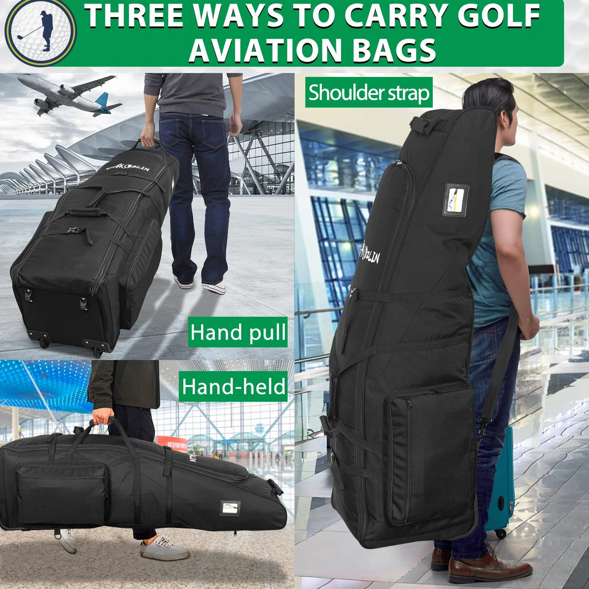 Borsa da viaggio da golf con ruote, grande capacità, trolley da golf con ruote rinforzate, 900D impermeabile Oxford panno per viaggi in aereo