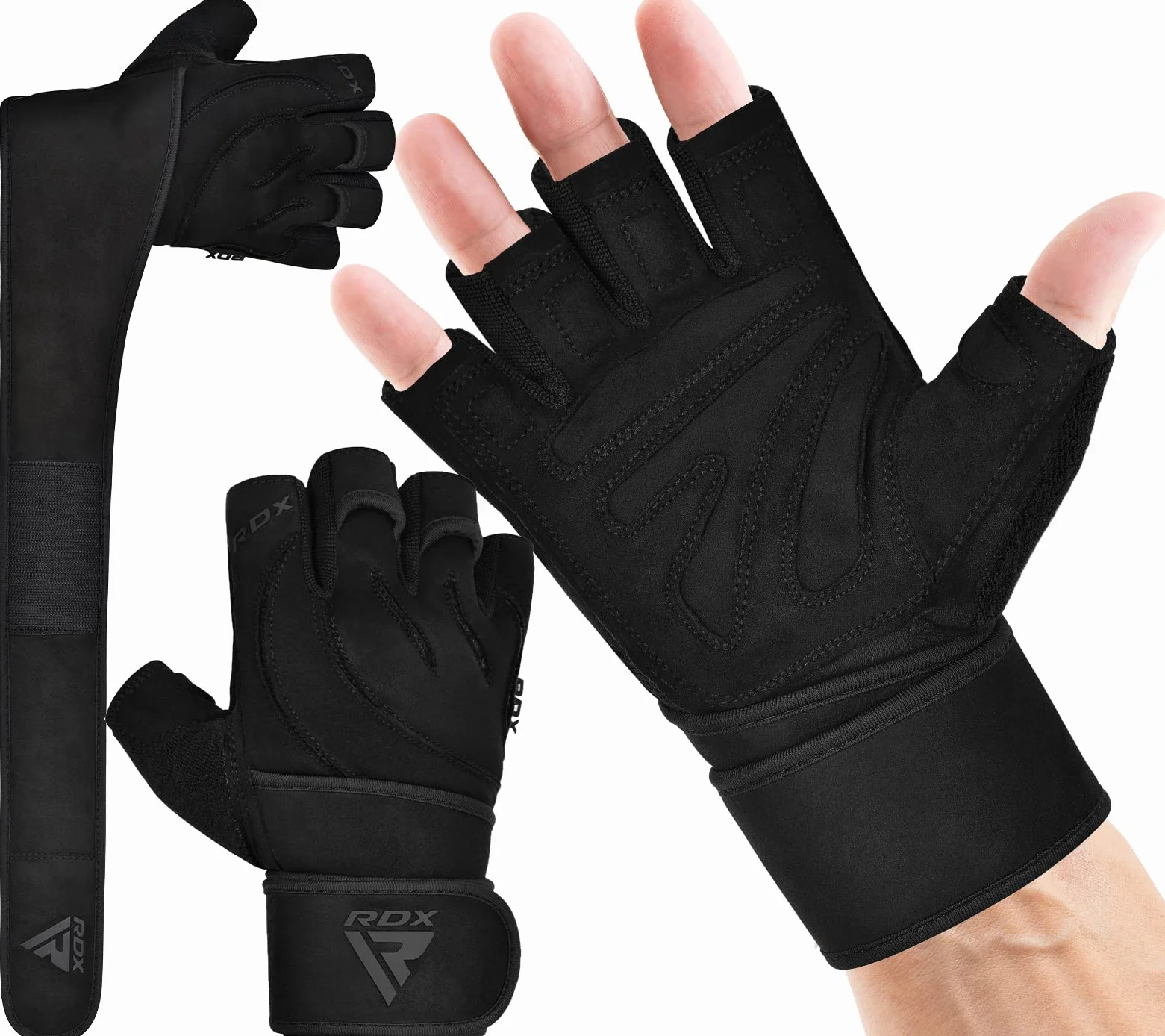 RDX Guanti Palestra Pelle Fitness Lunghi Polso Sollevamento Pesi Antiscivolo