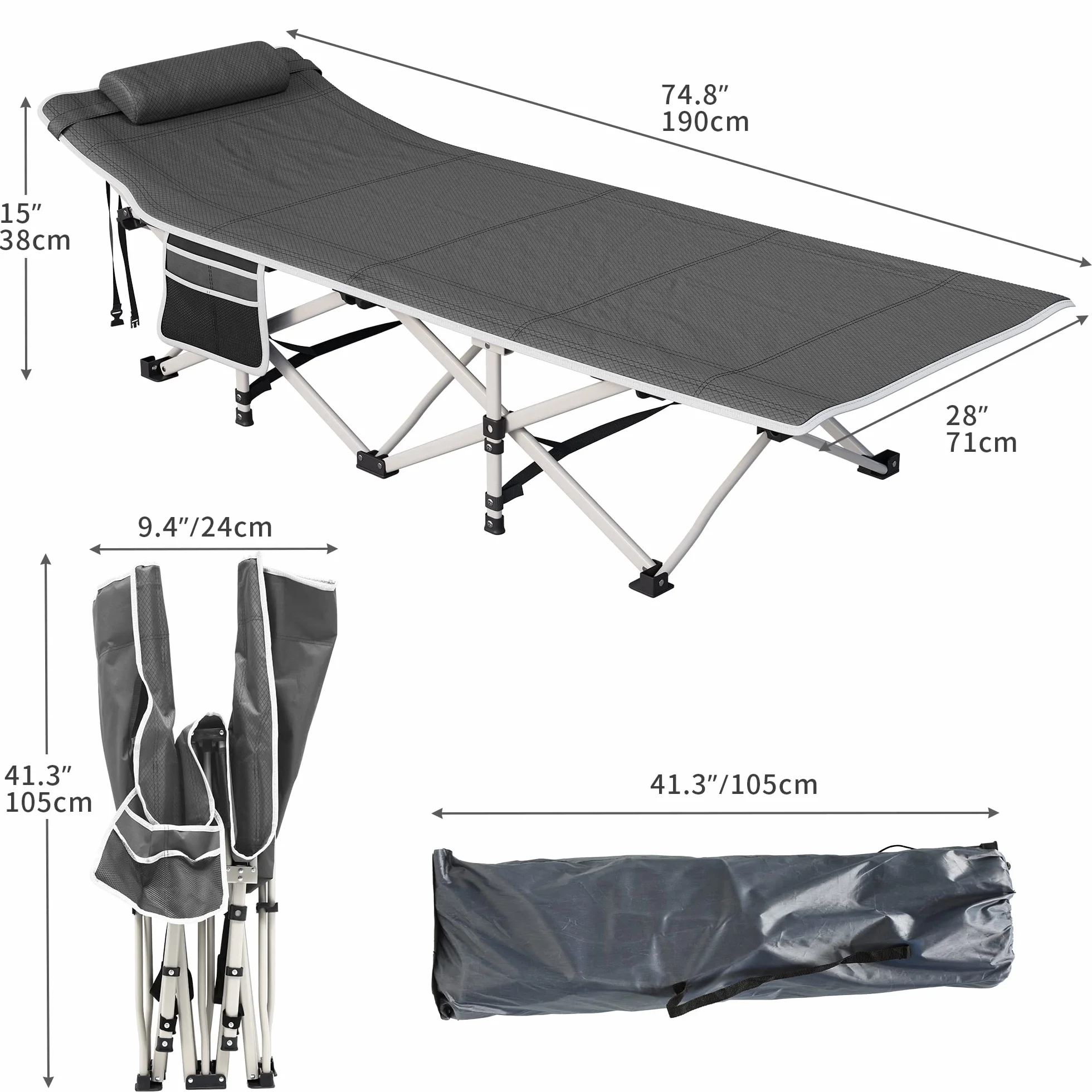 YITAHOME Letto da campeggio pieghevole extra largo 71,1 cm 280 kg per adulti grigio
