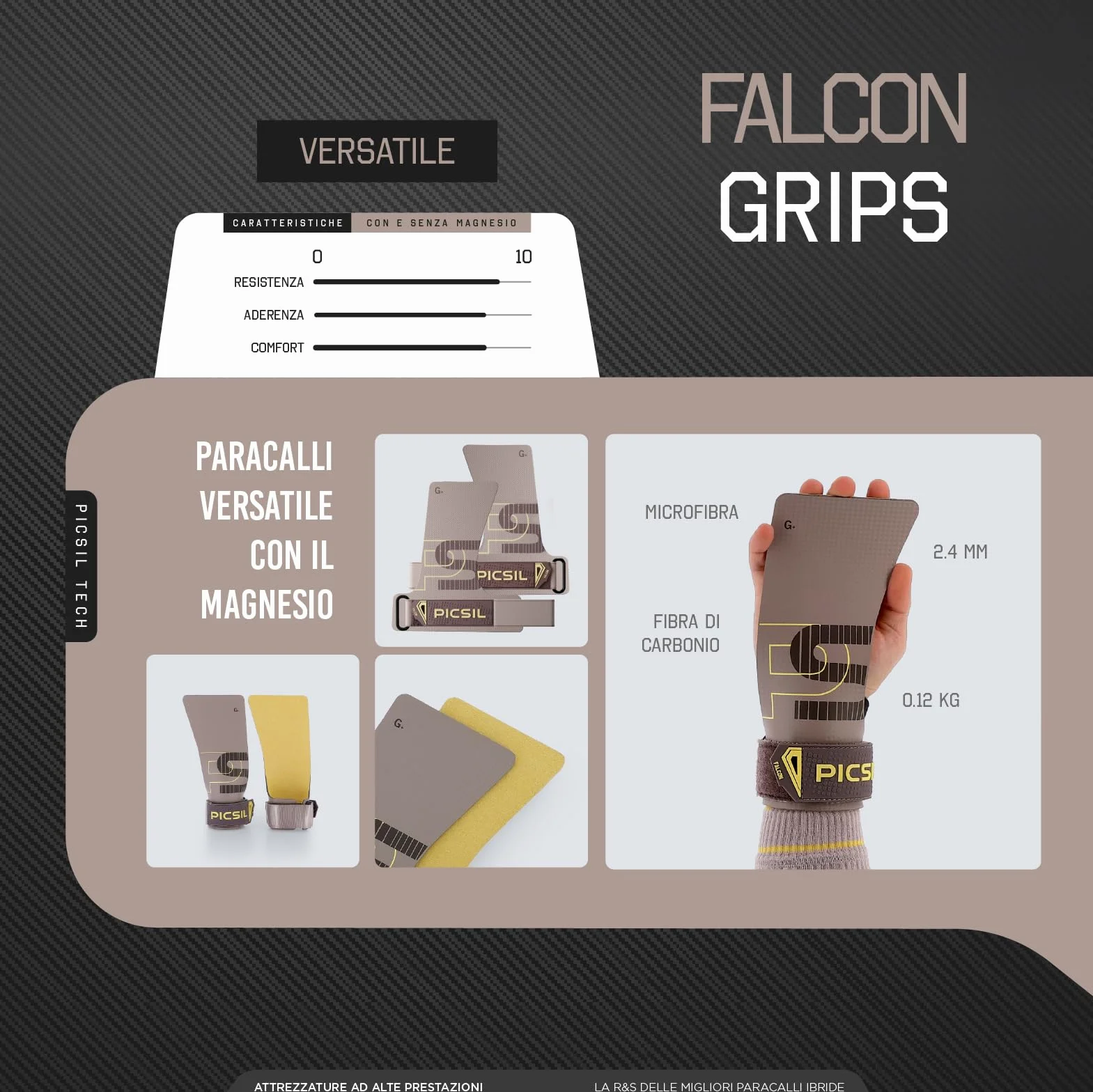 PICSIL Paracalli Falcon Carbon Fiber Grips Professionali con Astuccio e Polsini per Cross Training Calisthenics Fitness